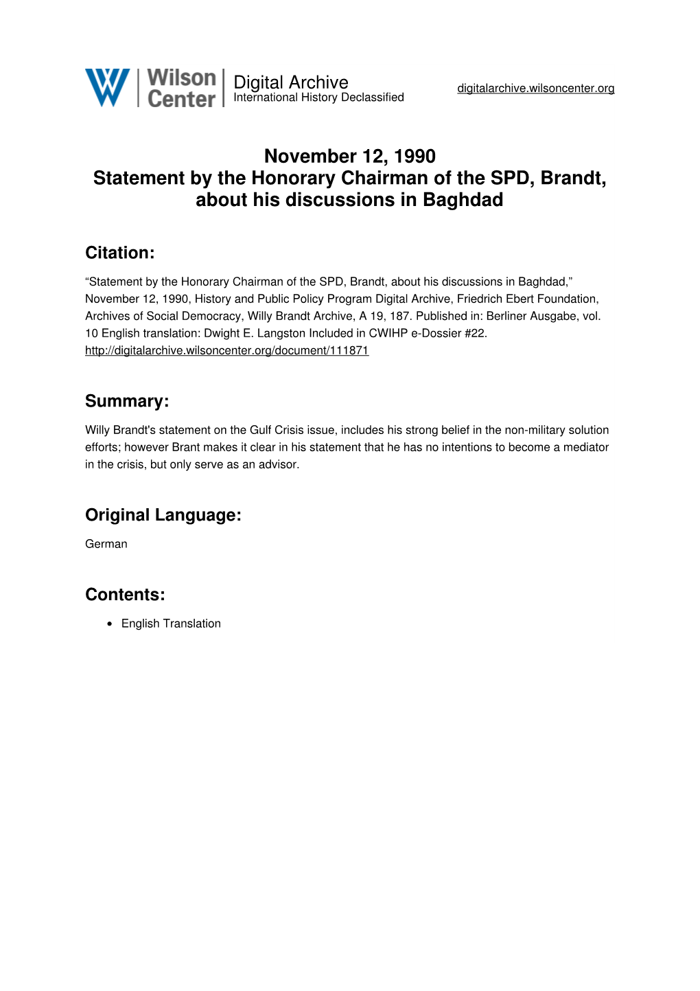 November 12, 1990 Statement by the Honorary Chairman of the SPD, Brandt, About His Discussions in Baghdad