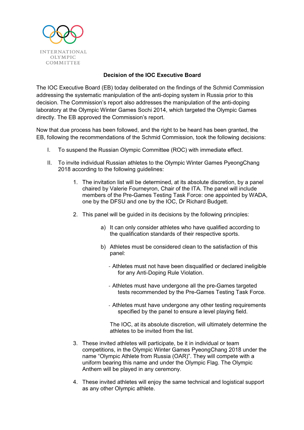 Decision of the IOC Executive Board