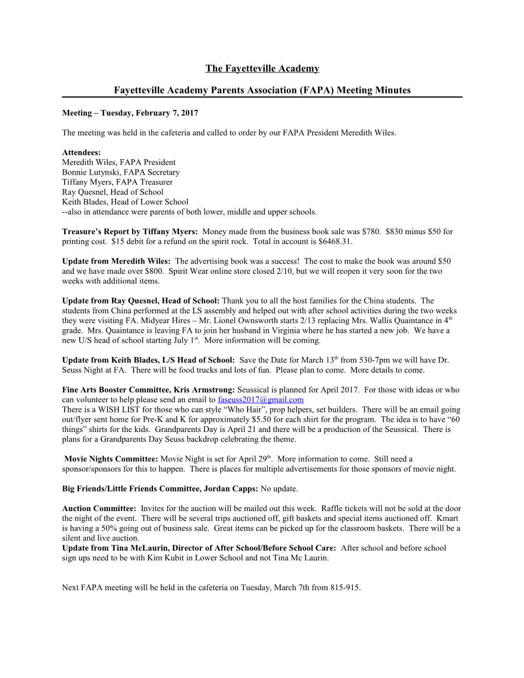 Fayetteville Academy Parents Association (FAPA) Meeting Minutes s1