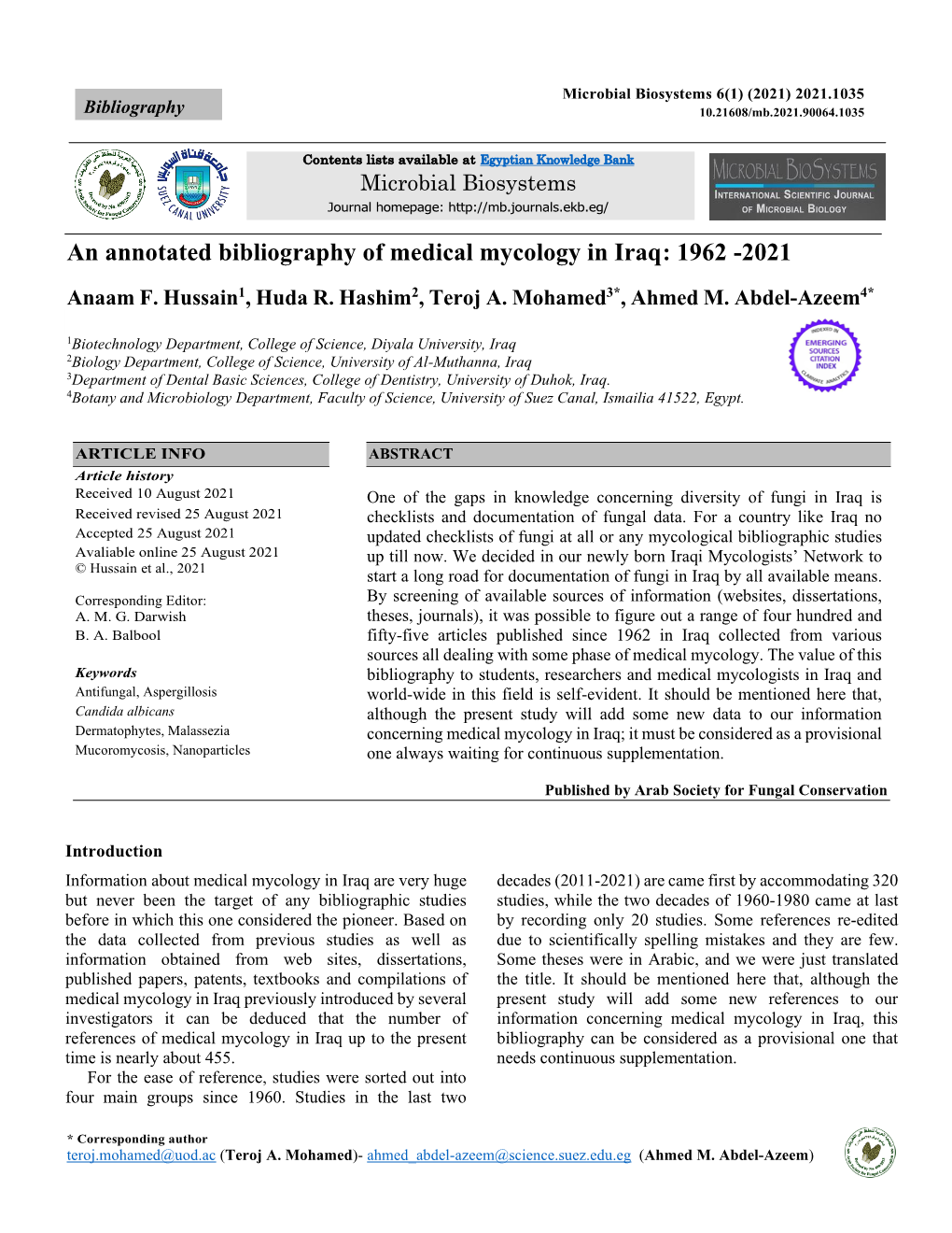 An Annotated Bibliography of Medical Mycology in Iraq: 1962 -2021