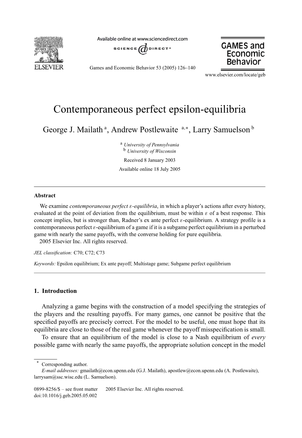 Contemporaneous Perfect Epsilon-Equilibria