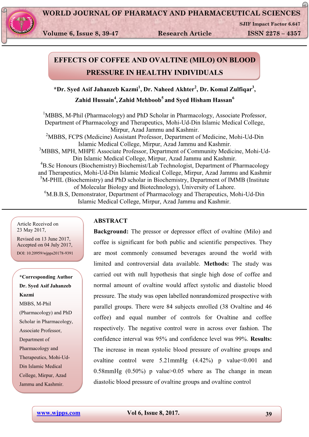 Effects of Coffee and Ovaltine (Milo) on Blood Pressure in Healthy Individuals