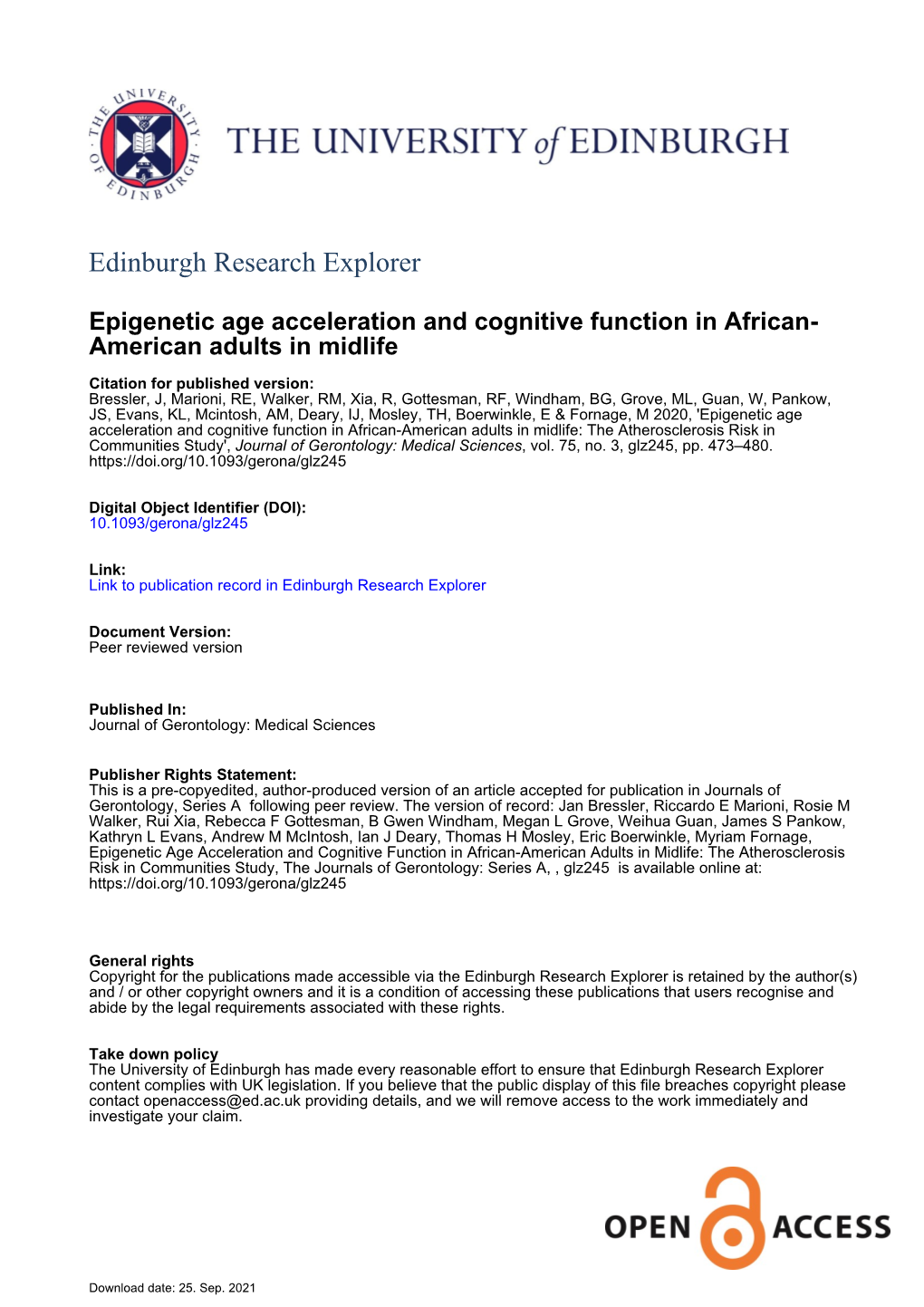 Epigenetic Age Acceleration and Cognitive Function in African