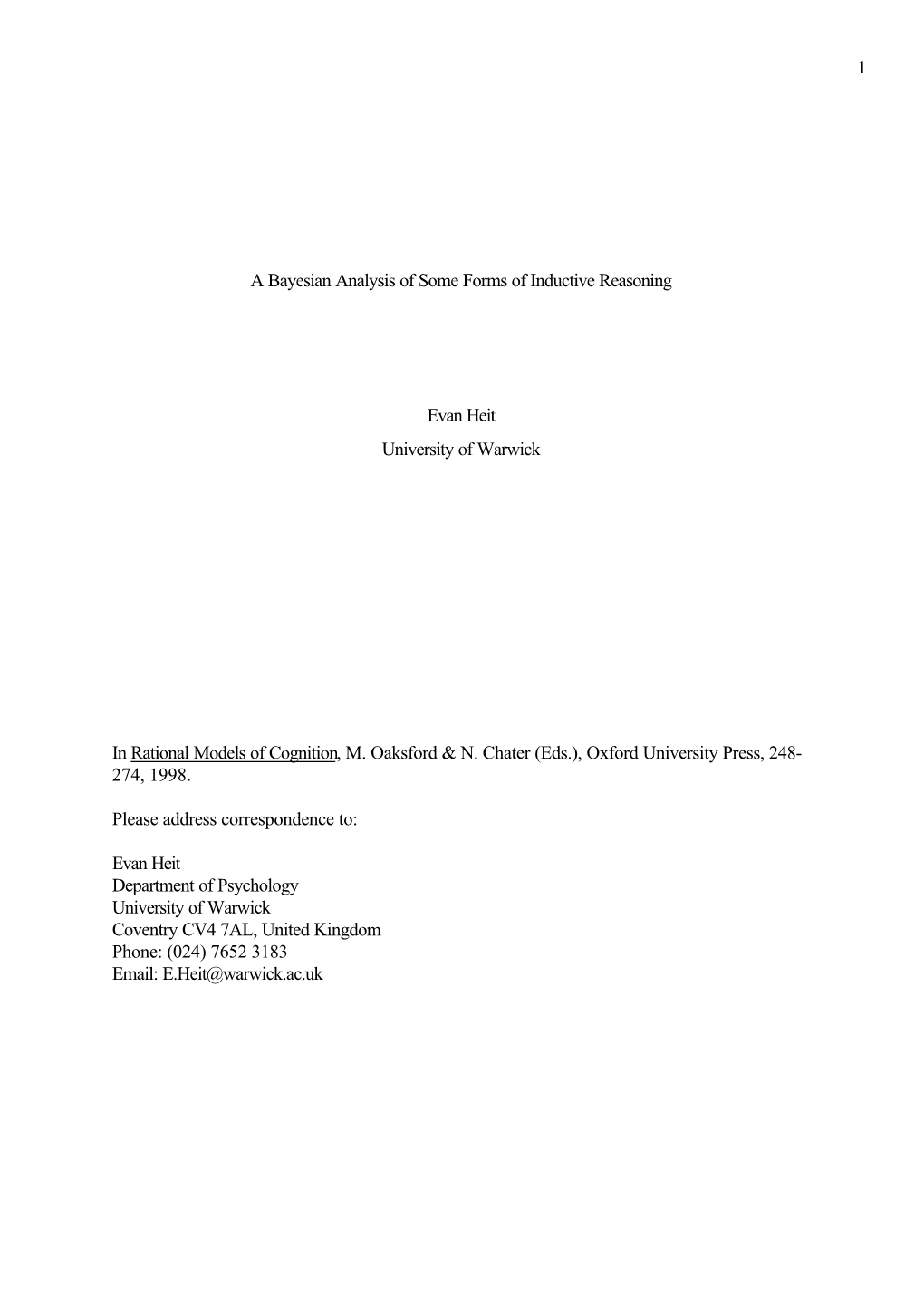 1 a Bayesian Analysis of Some Forms of Inductive Reasoning Evan Heit