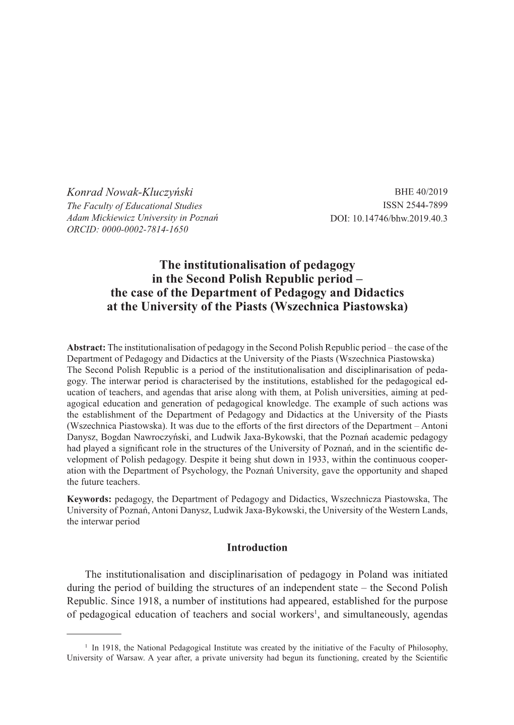 The Institutionalisation of Pedagogy in the Second Polish