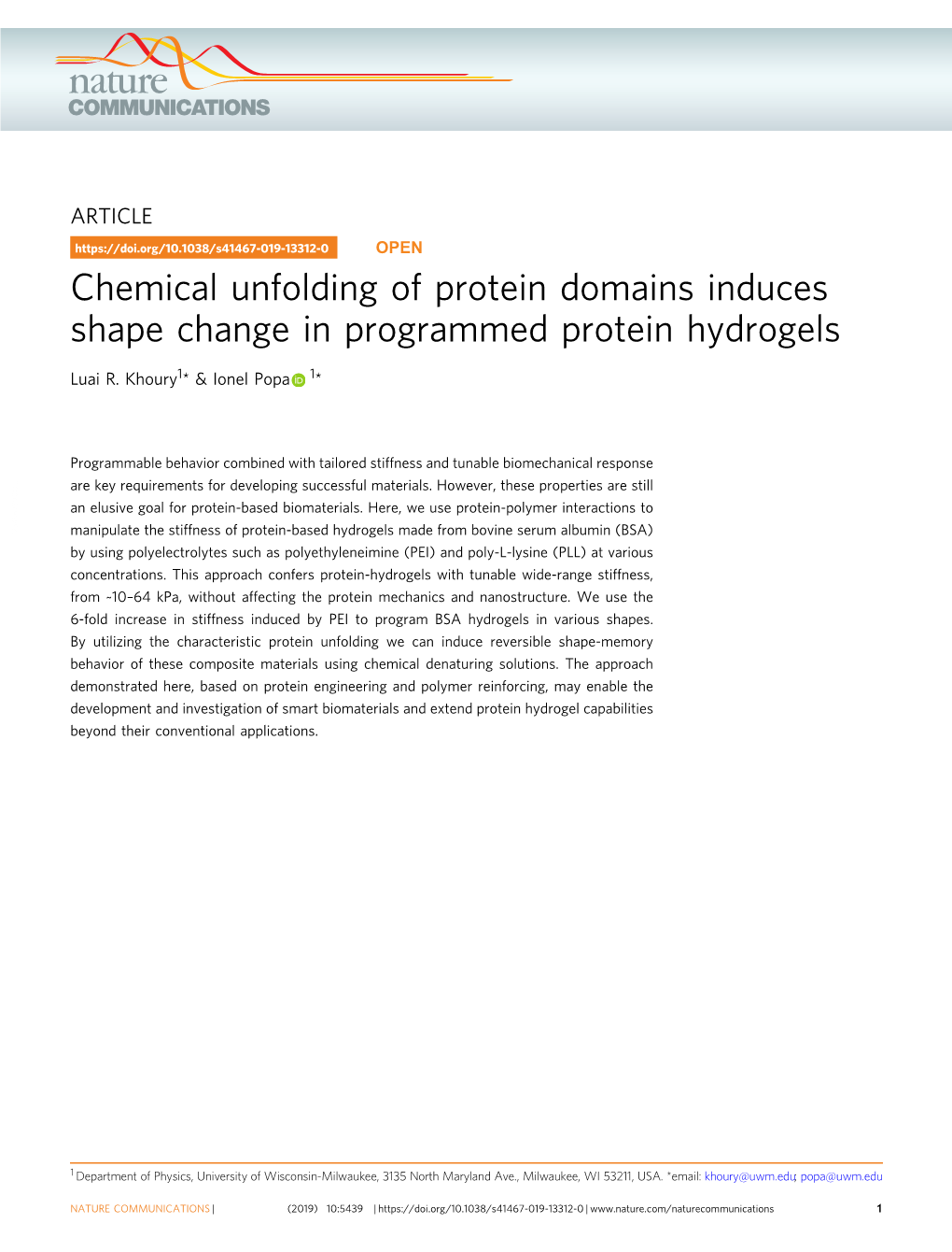 Chemical Unfolding of Protein Domains Induces Shape Change in Programmed Protein Hydrogels