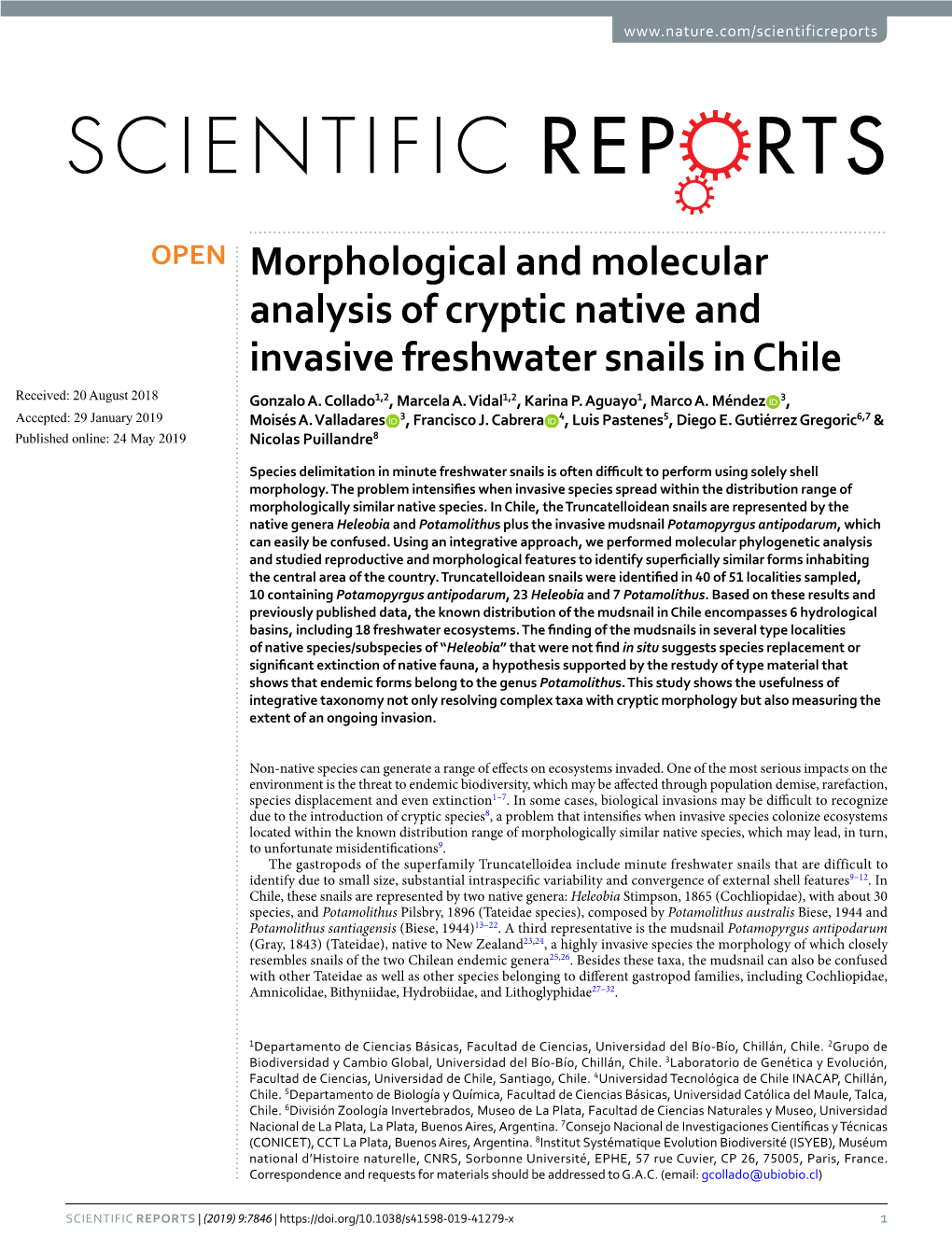 Morphological and Molecular Analysis of Cryptic Native and Invasive Freshwater Snails in Chile Received: 20 August 2018 Gonzalo A