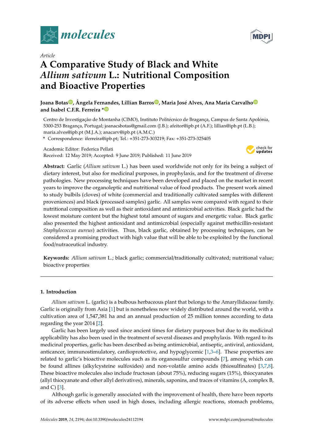 A Comparative Study of Black and White Allium Sativum L.: Nutritional Composition and Bioactive Properties