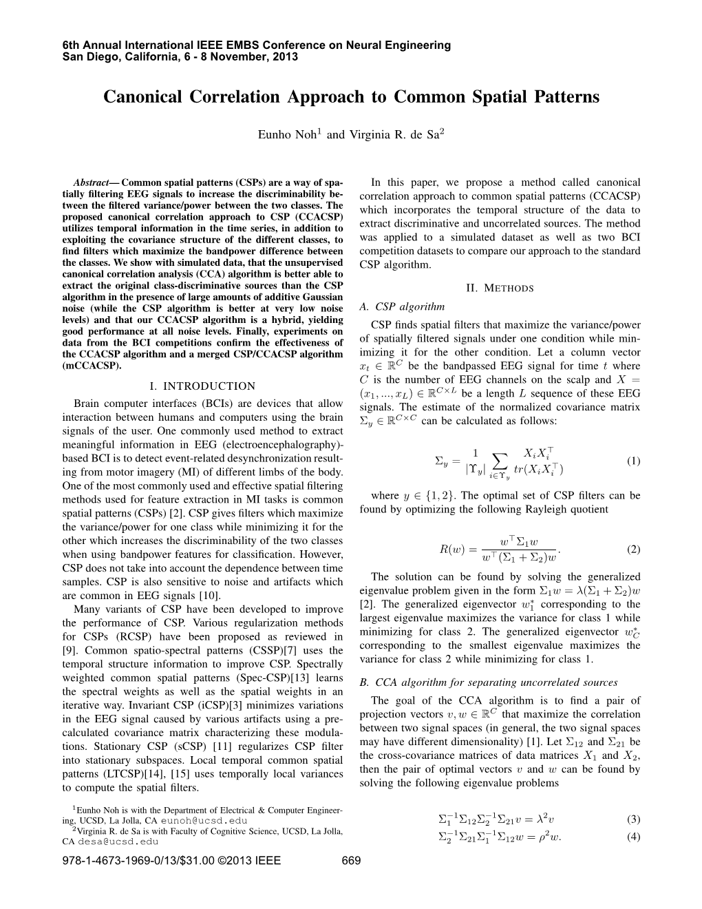 Canonical Correlation Approach to Common Spatial Patterns