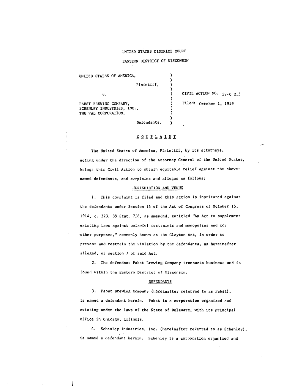 Complaint, United States V. Pabst Brewing Co