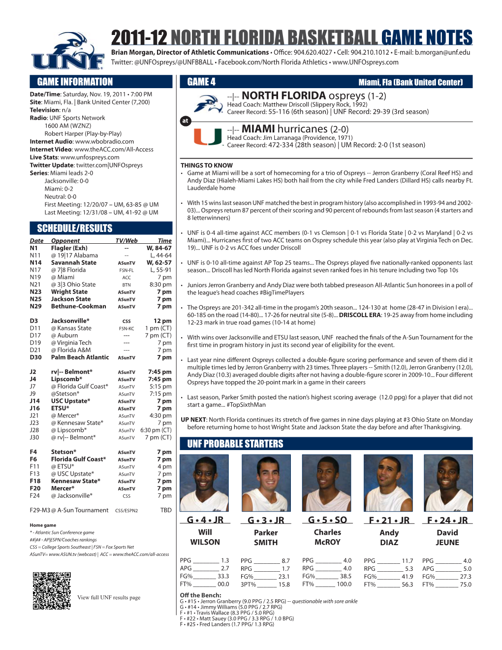 2011-12 North Florida Basketballgame Notes