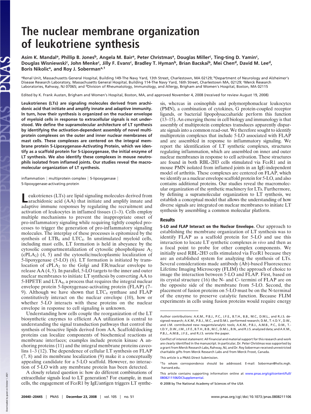 The Nuclear Membrane Organization of Leukotriene Synthesis