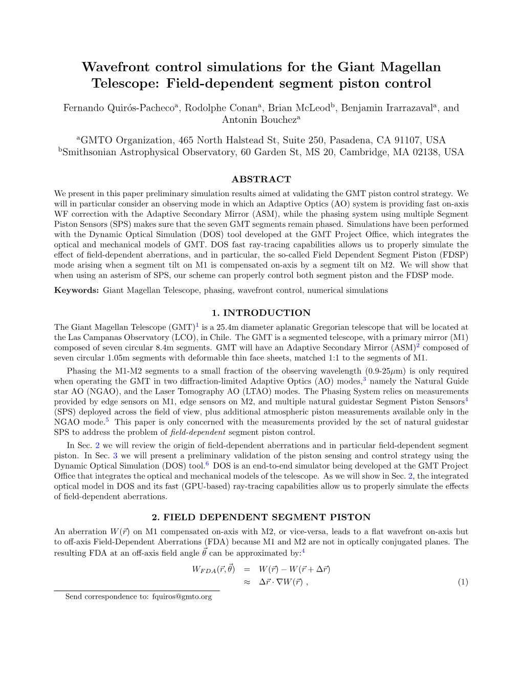 Wavefront Control Simulations for the Giant Magellan Telescope: Field-Dependent Segment Piston Control