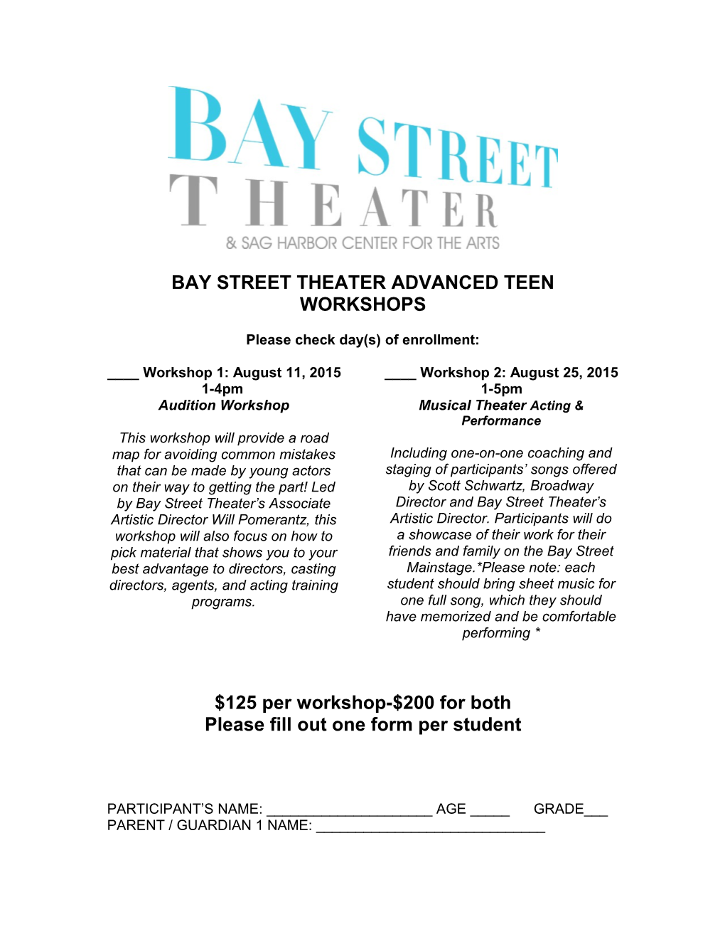 Bay Street Theater Advanced Teen Workshops