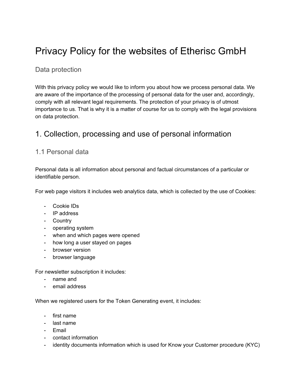 Privacy Policy for the Websites of Etherisc Gmbh