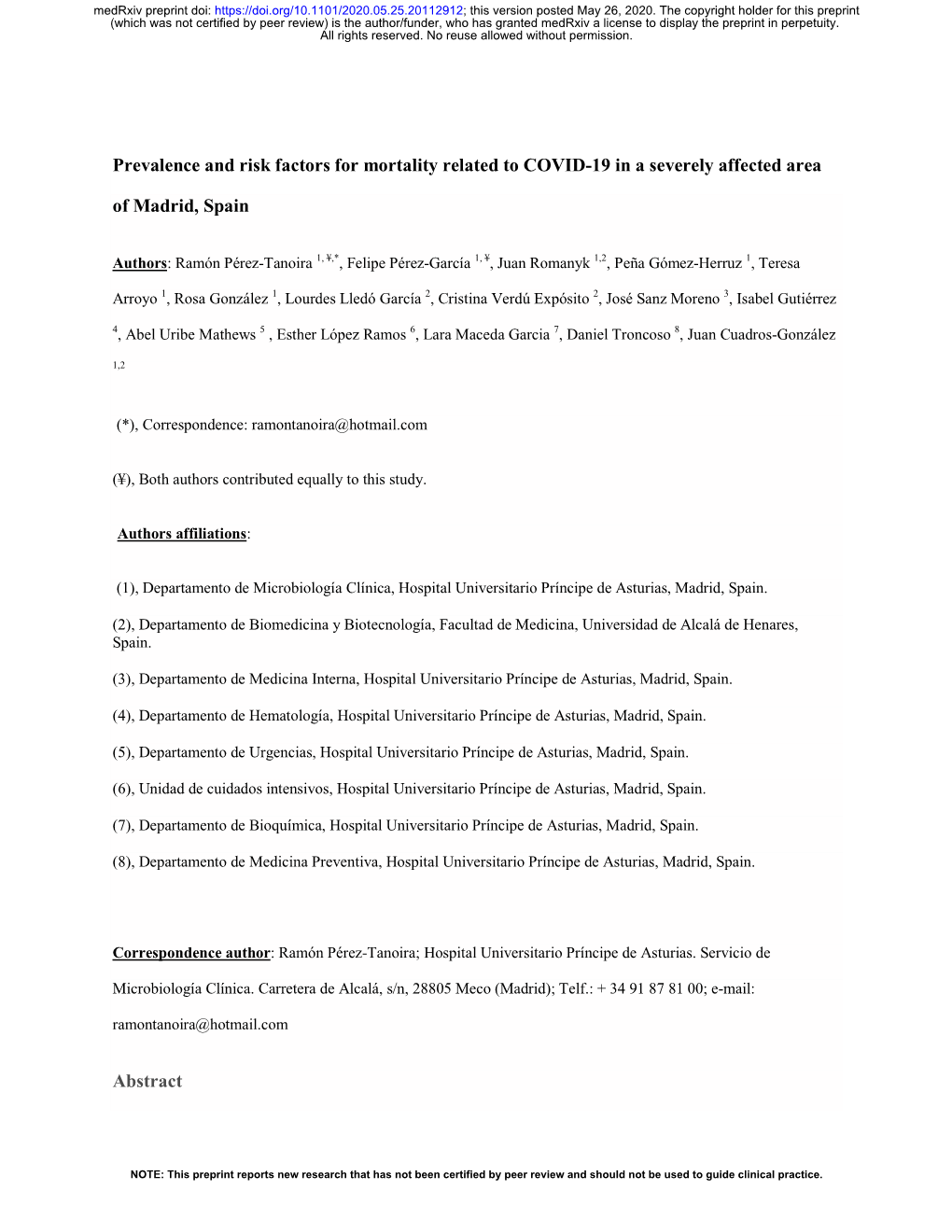 Prevalence and Risk Factors for Mortality Related to COVID-19 in a Severely Affected Area