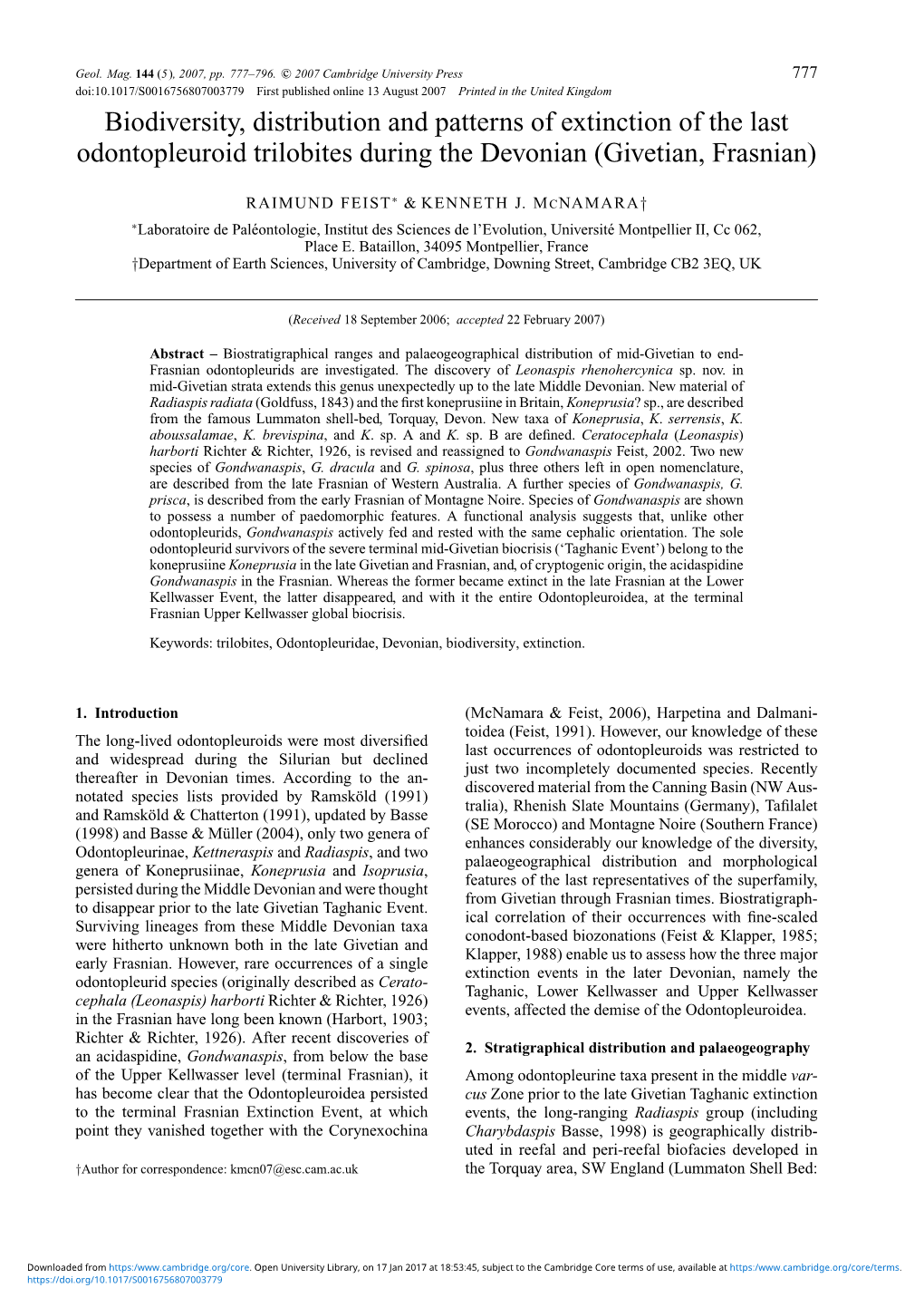 Biodiversity, Distribution and Patterns of Extinction of the Last Odontopleuroid Trilobites During the Devonian (Givetian, Frasnian)