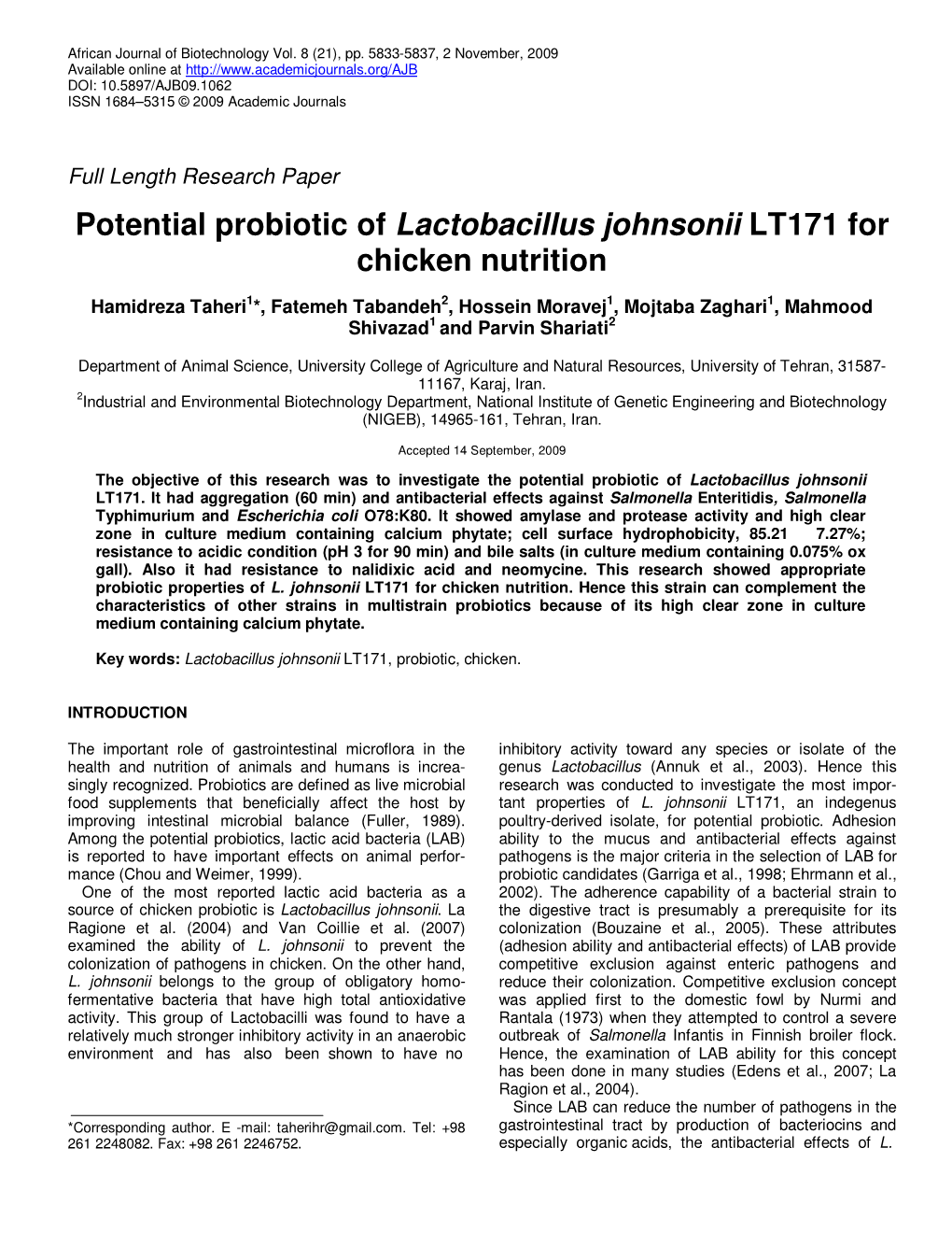 Potential Probiotic of Lactobacillus Johnsonii LT171 for Chicken Nutrition