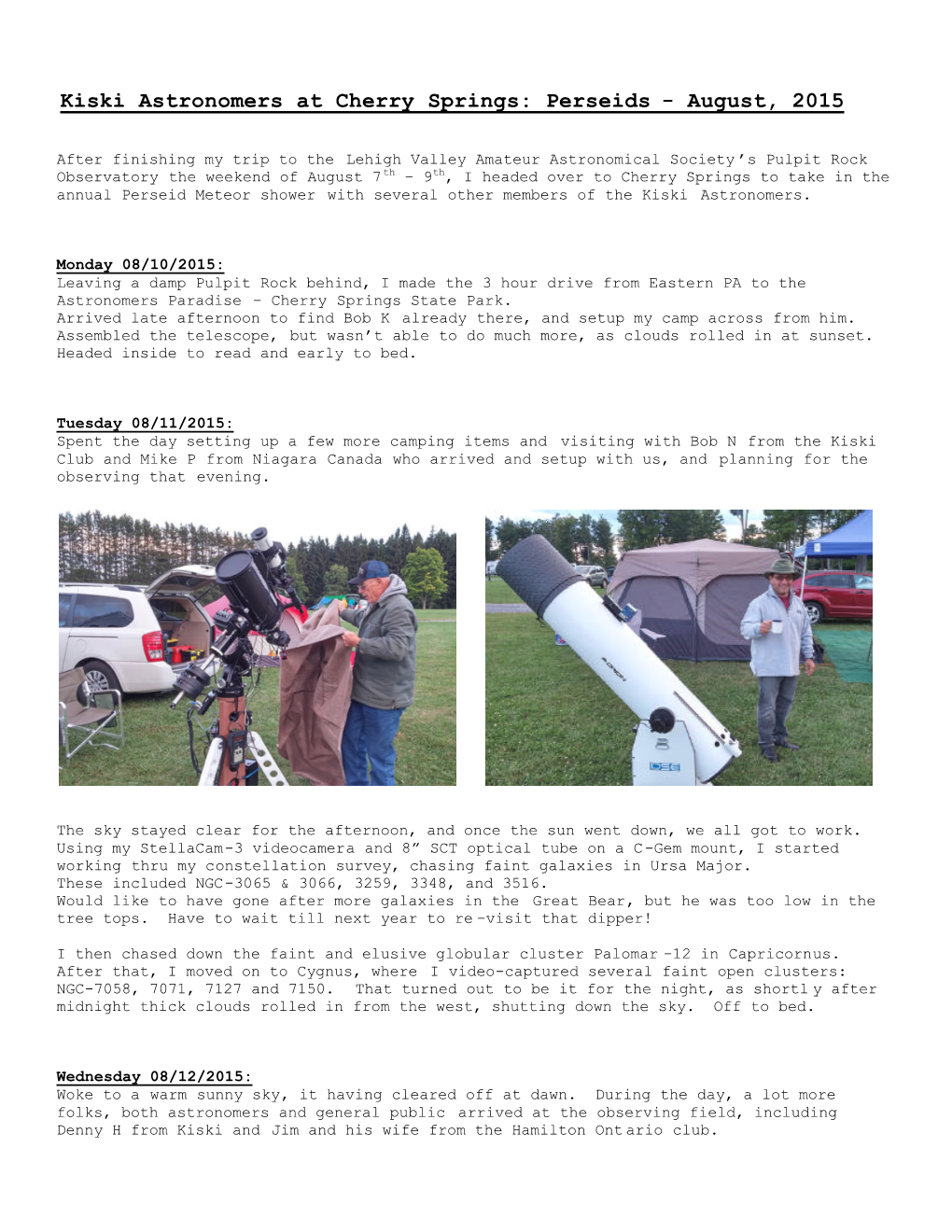 Kiski Astronomers at Cherry Springs: Perseids - August, 2015