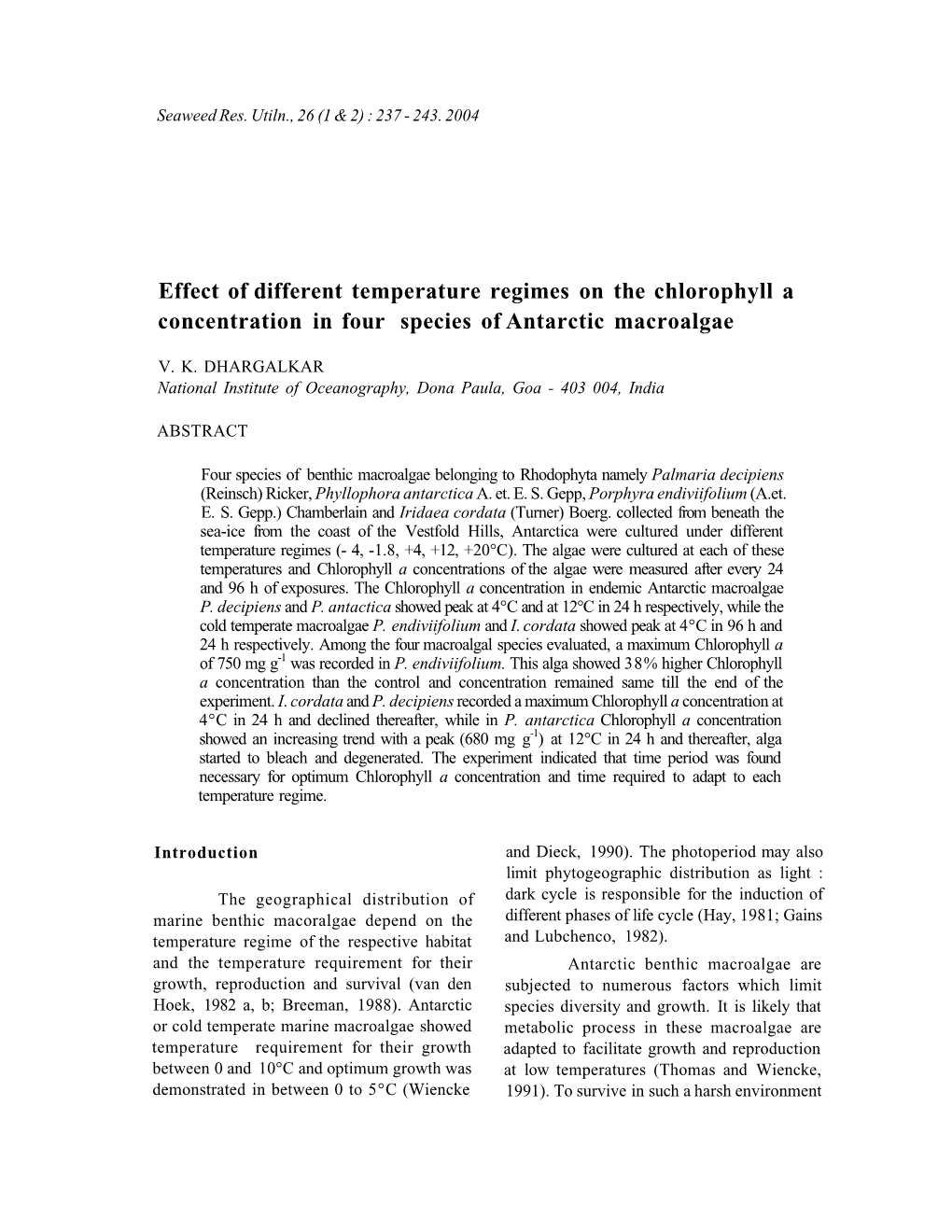 Effect of Different Temperature Regimes on the Chlorophyll a Concentration in Four Species of Antarctic Macroalgae