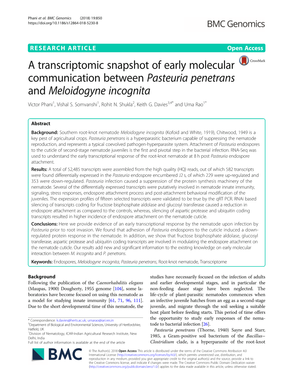 A Transcriptomic Snapshot of Early Molecular Communication Between Pasteuria Penetrans and Meloidogyne Incognita Victor Phani1, Vishal S