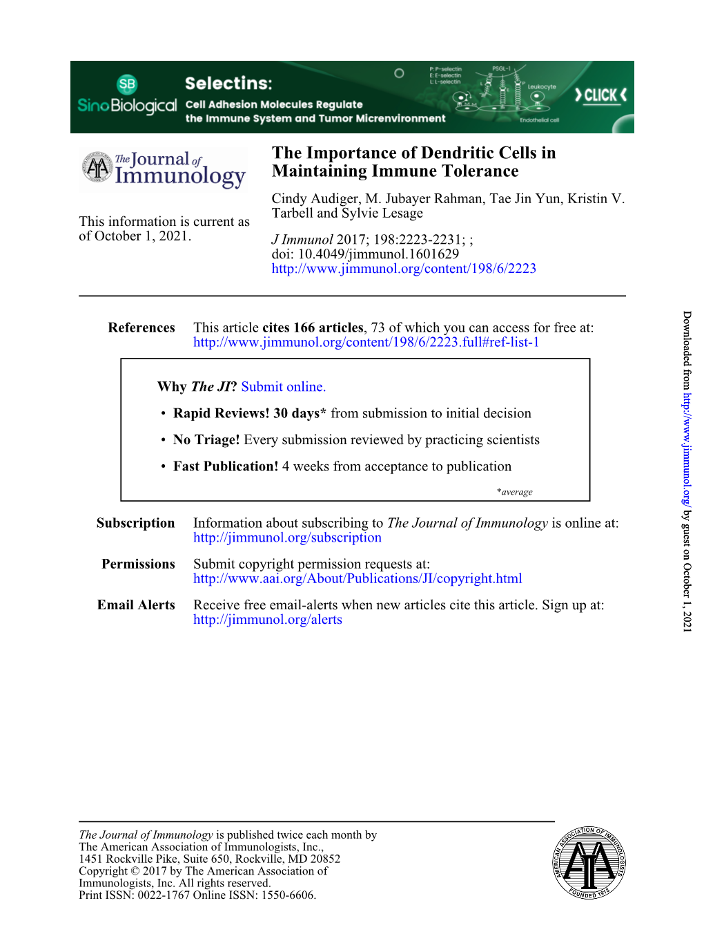 The Importance of Dendritic Cells in Maintaining Immune Tolerance Cindy Audiger, M