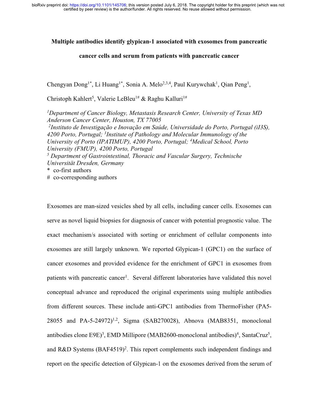 Multiple Antibodies Identify Glypican-1 Associated with Exosomes from Pancreatic