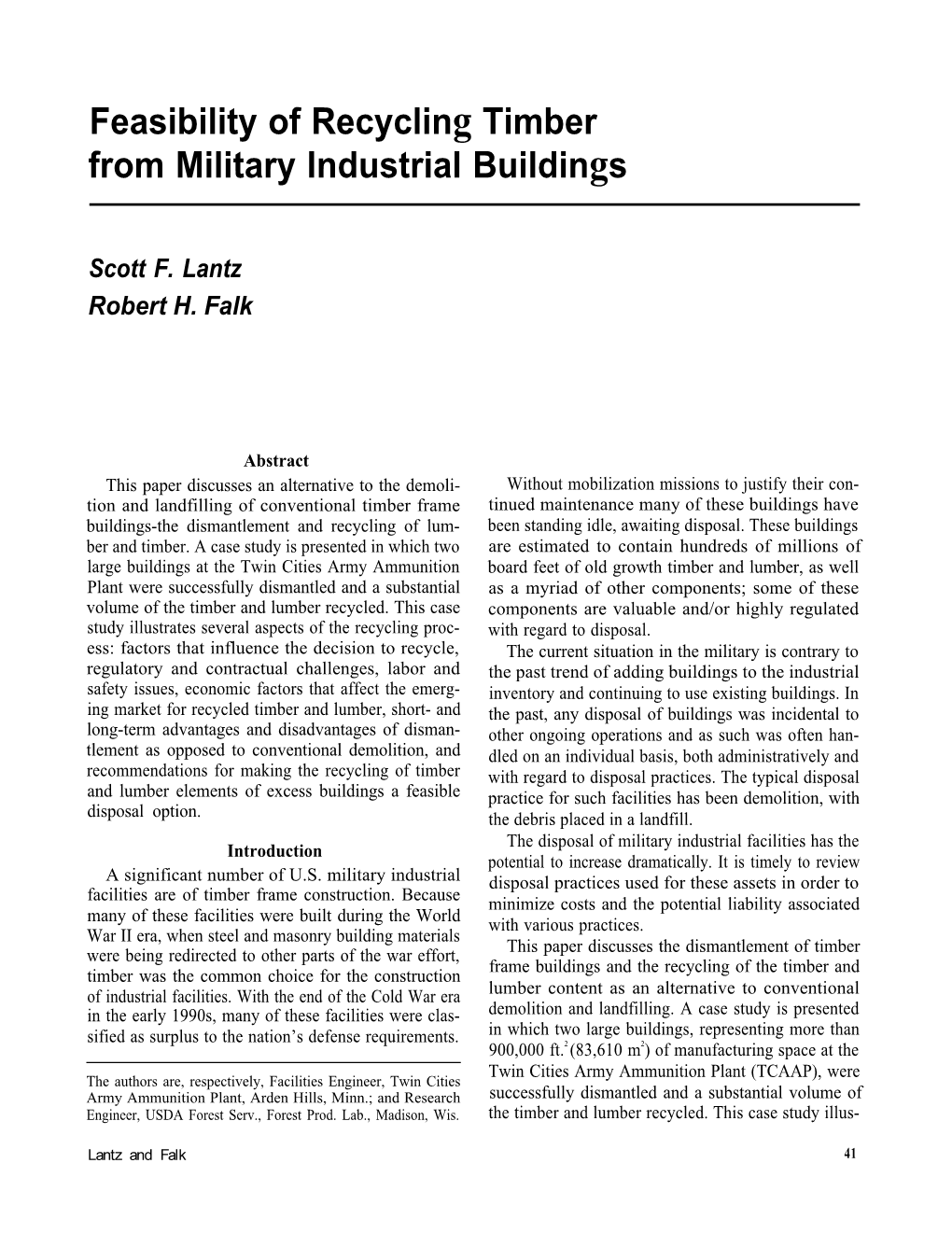 Feasibility of Recycling Timber from Military Industrial Buildings