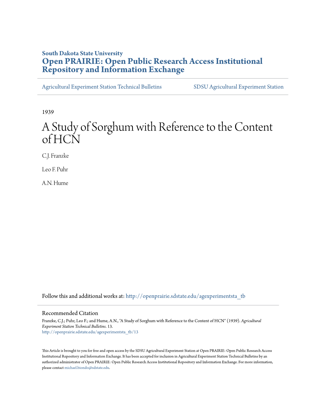 A Study of Sorghum with Reference to the Content of HCN C.J