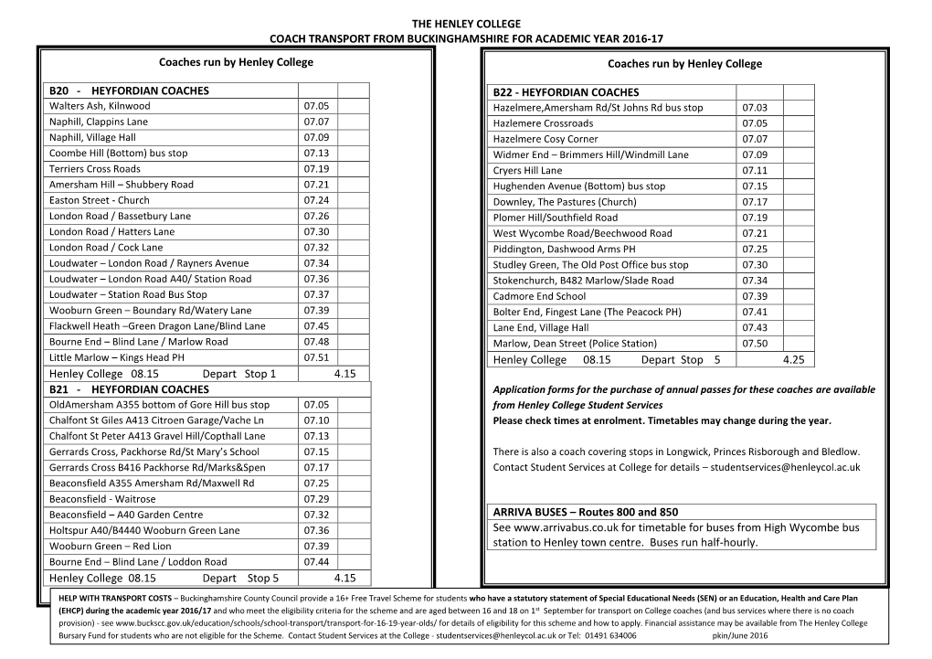 The Henley College Coach Transport from Buckinghamshire for Academic Year 2016-17