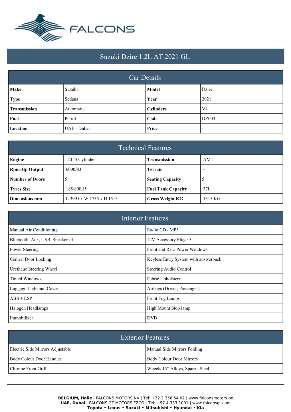 Suzuki Dzire 1.2L at 2021 GL Car Details Technical Features Interior