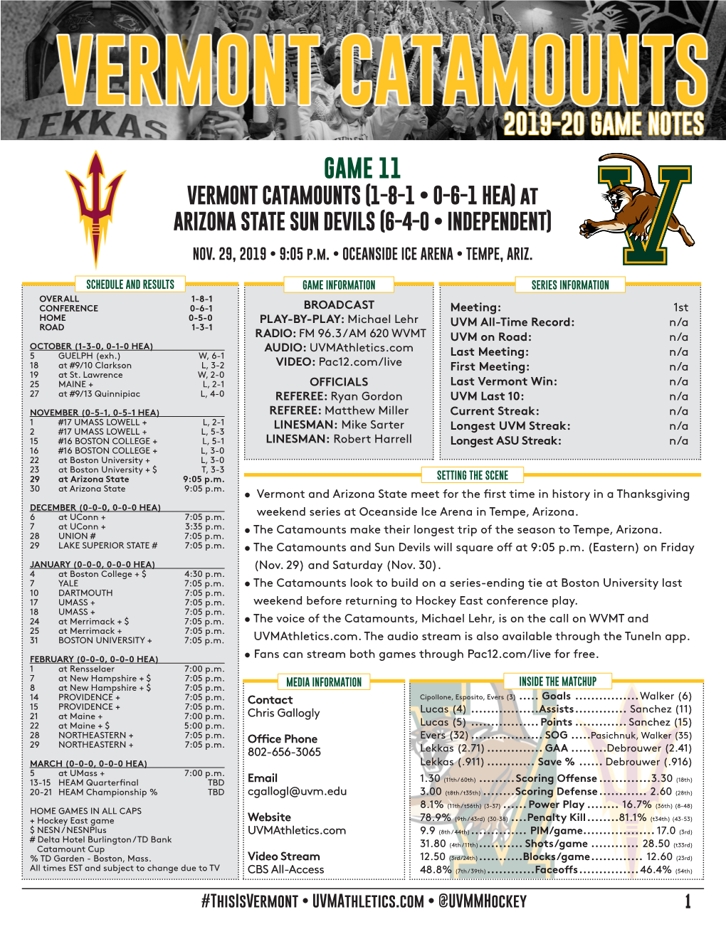 GAME 11 VERMONT CATAMOUNTS (1-8-1 • 0-6-1 HEA) at ARIZONA STATE SUN DEVILS (6-4-0 • INDEPENDENT)