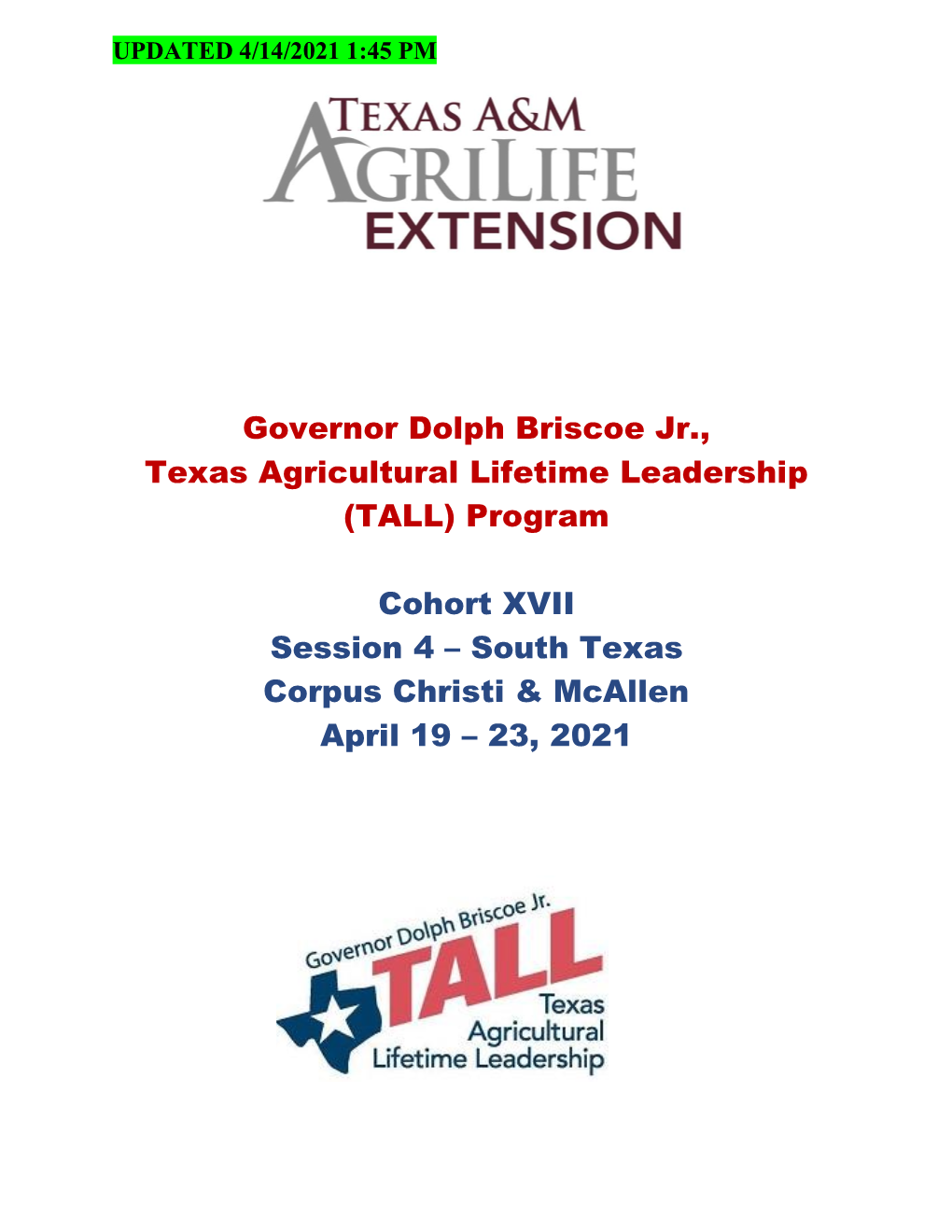 Tall Xvii-Session#4 South Texas Agenda