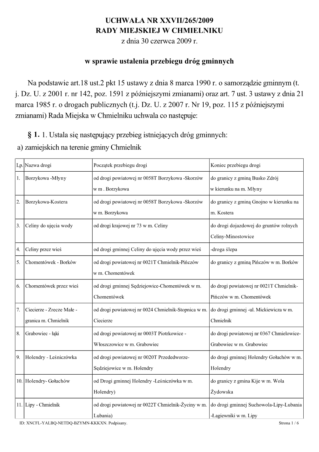 UCHWAŁA NR XXVII/265/2009 RADY MIEJSKIEJ W CHMIELNIKU Z Dnia 30 Czerwca 2009 R. W Sprawie Ustalenia Przebiegu Dr