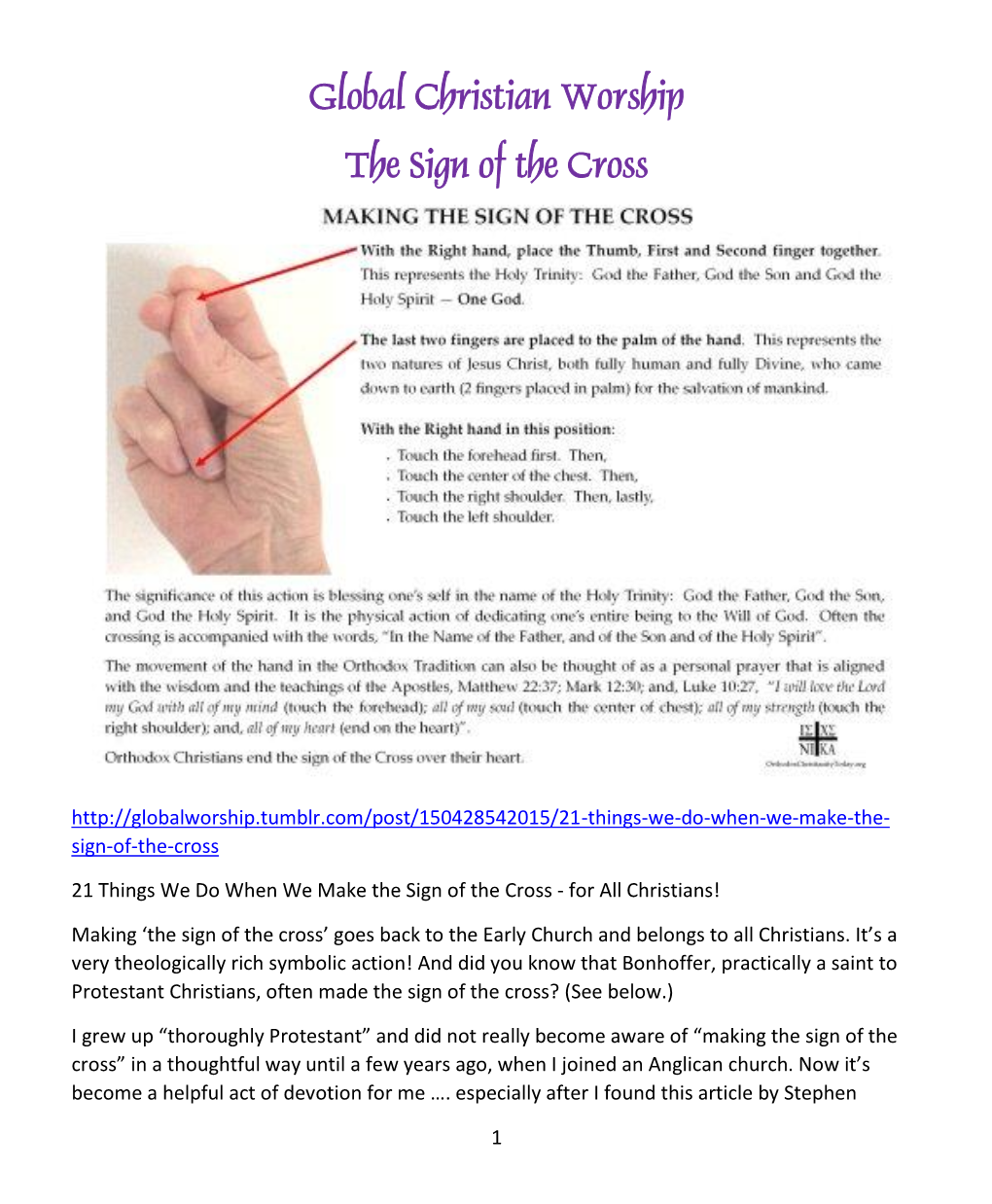 Global Christian Worship the Sign of the Cross