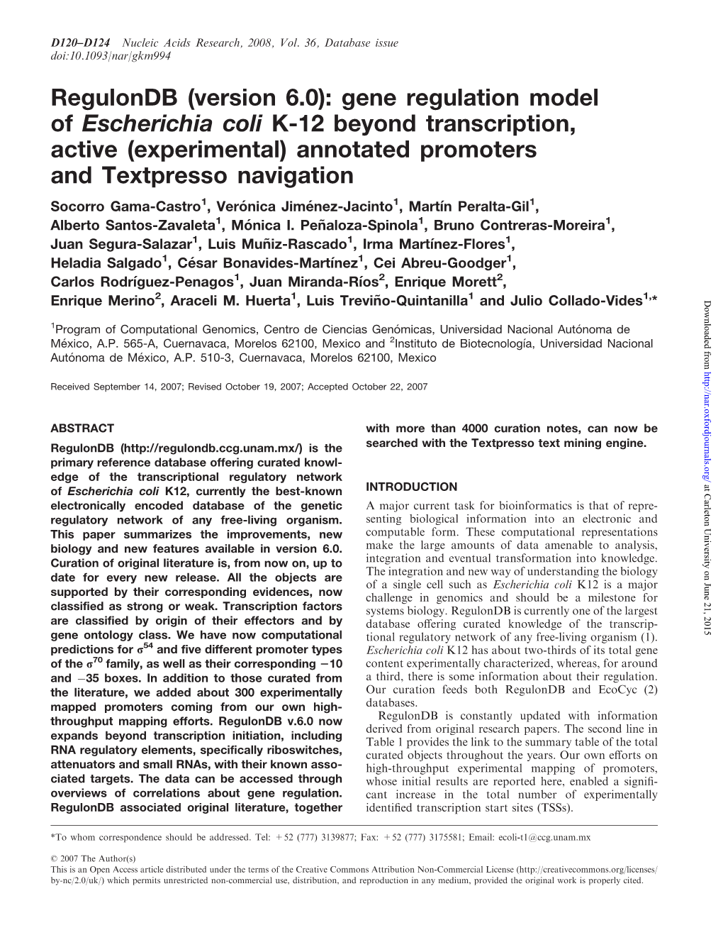 Regulondb (Version 6.0): Gene Regulation Model Of