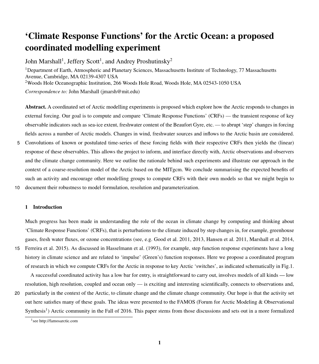 For the Arctic Ocean: a Proposed Coordinated Modelling Experiment