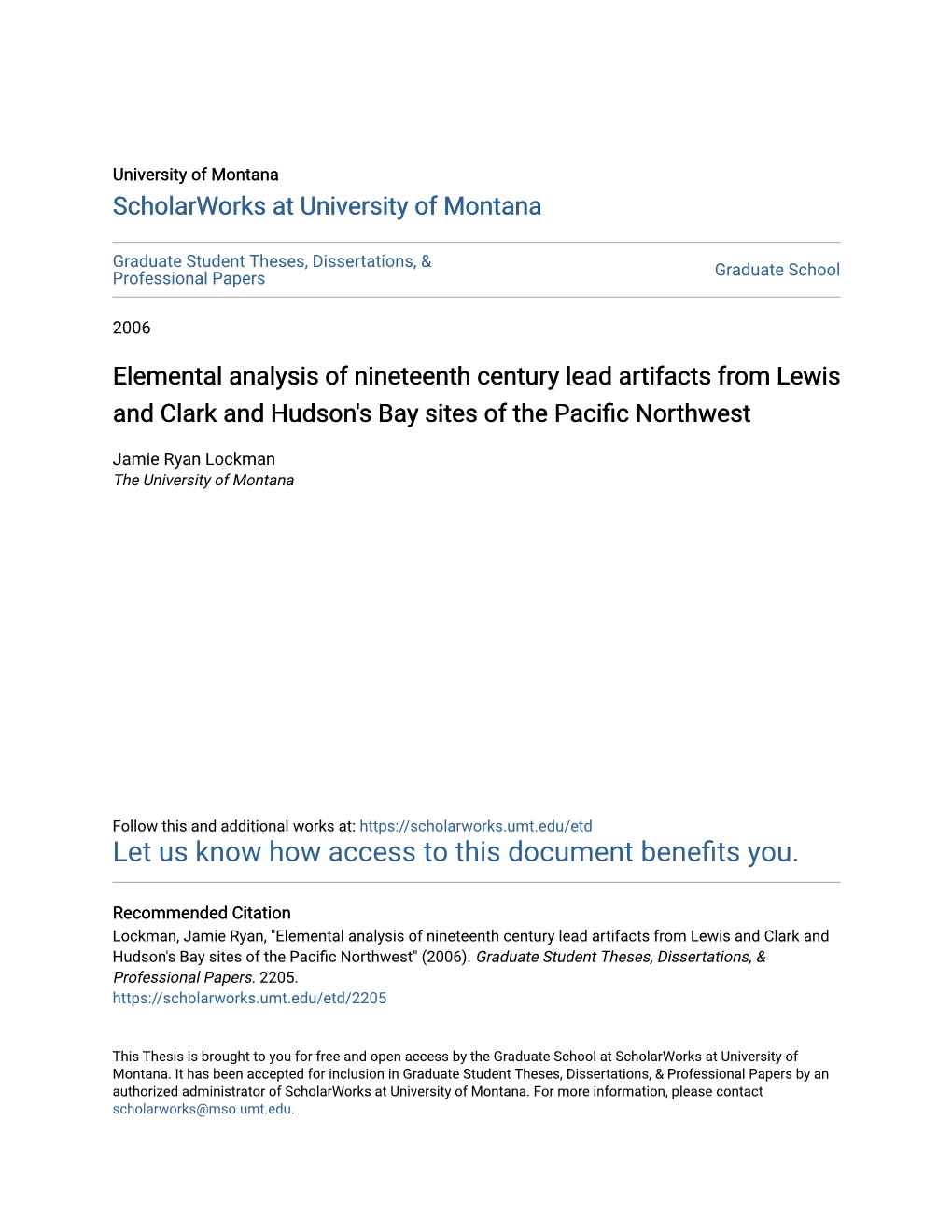 Elemental Analysis of Nineteenth Century Lead Artifacts from Lewis and Clark and Hudson's Bay Sites of the Pacific Northwest