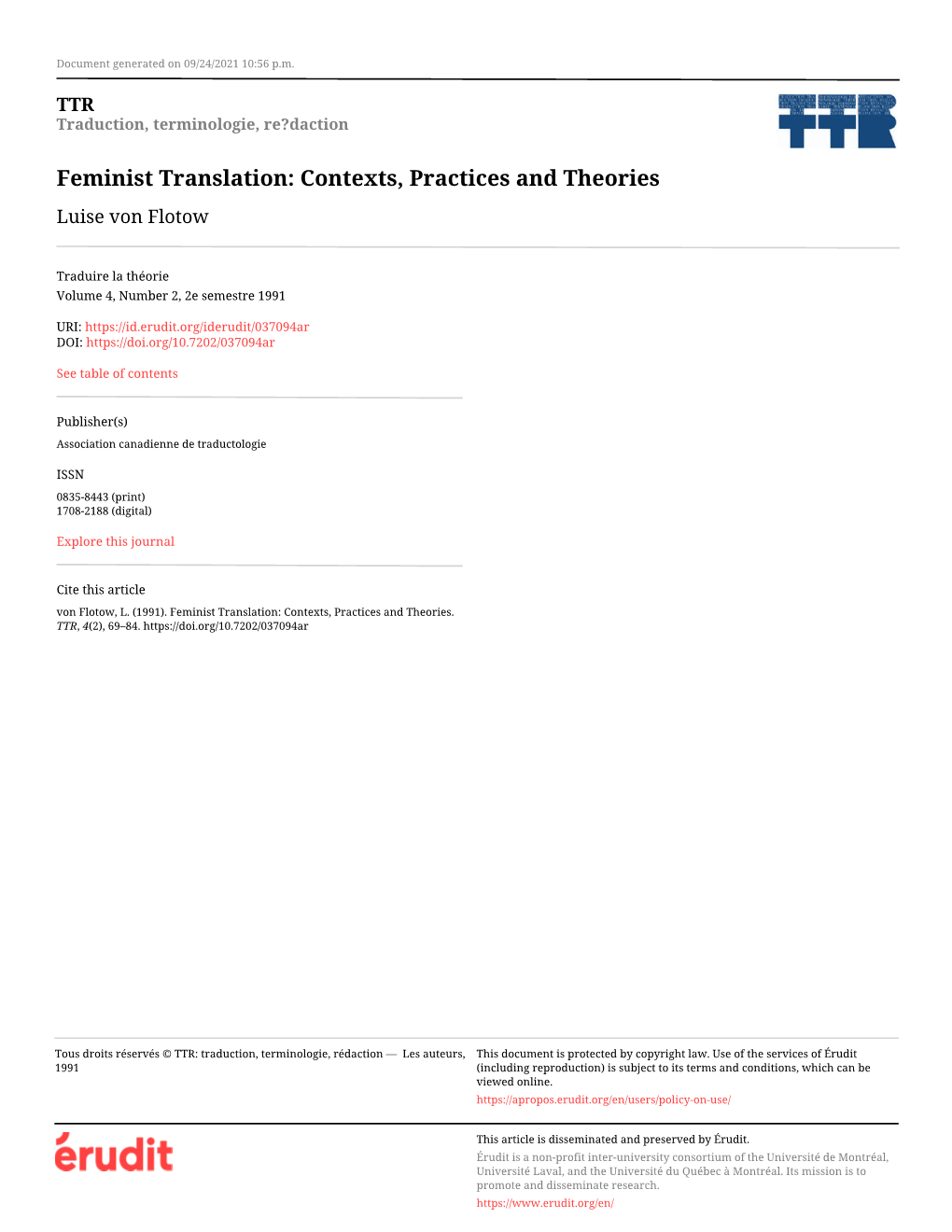 Feminist Translation: Contexts, Practices and Theories Luise Von Flotow