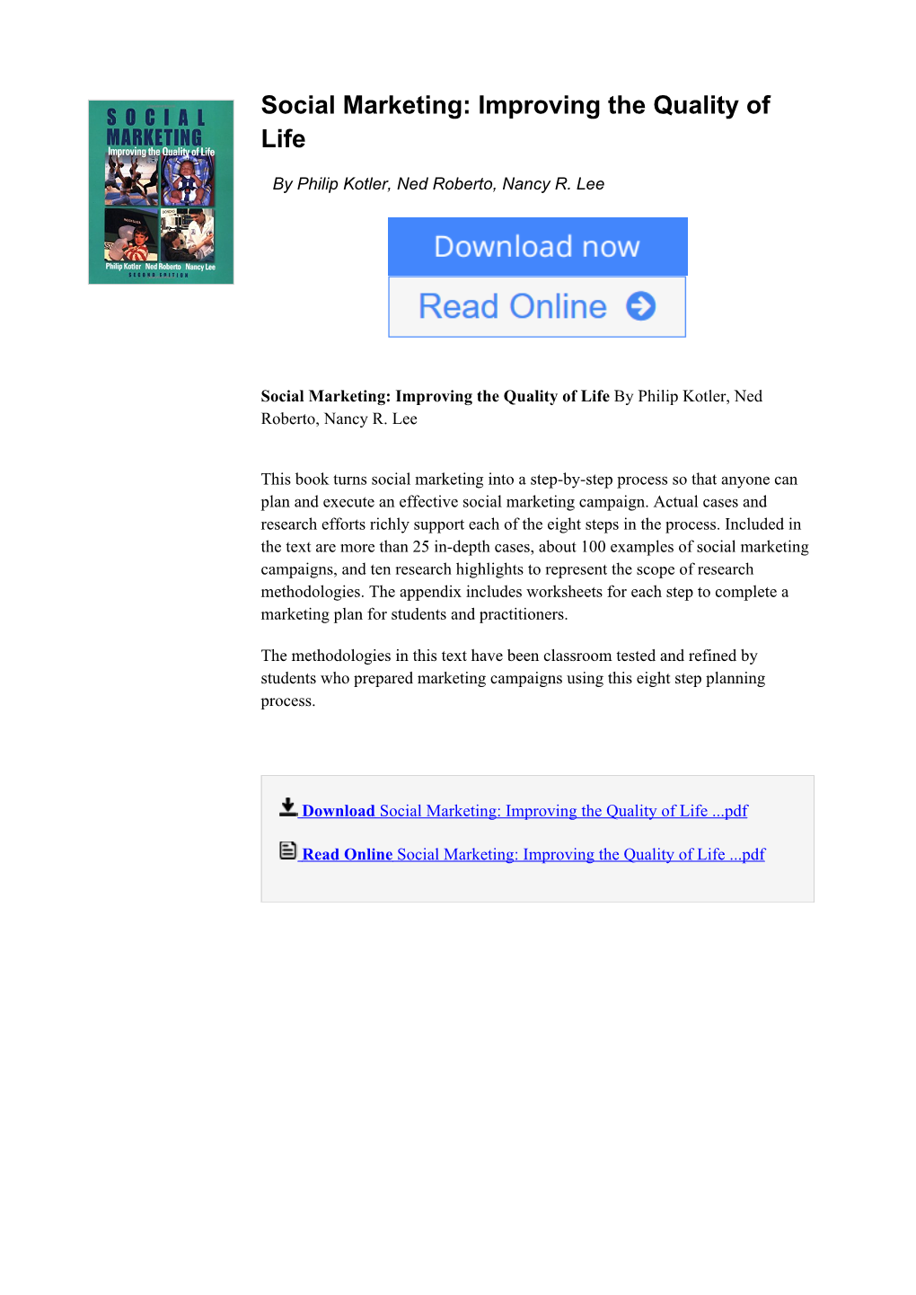 [U2HP]⋙ Social Marketing: Improving the Quality of Life by Philip Kotler, Ned Roberto, Nancy R. Lee #KOL1P5AB98R #Free Read On