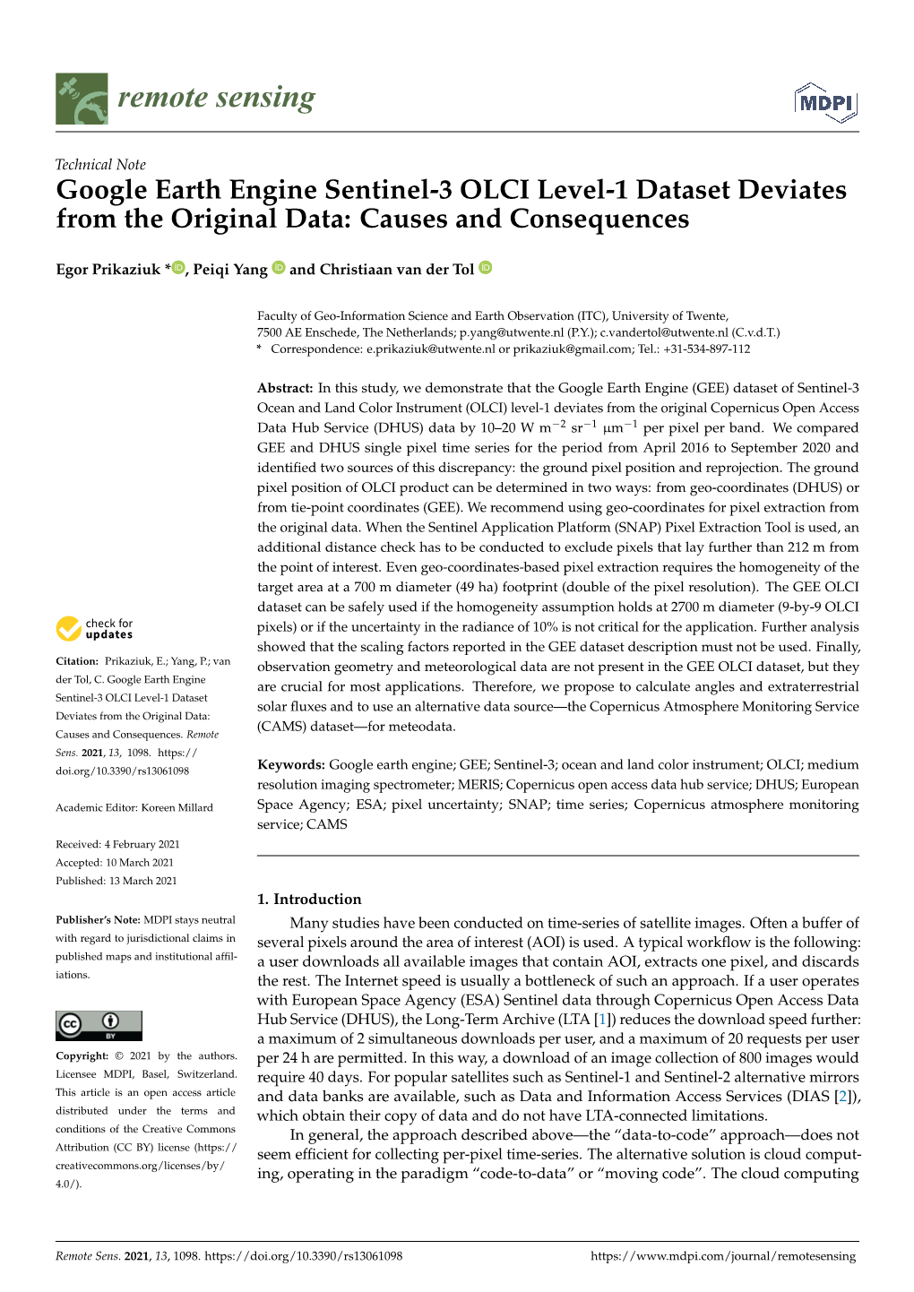 Google Earth Engine Sentinel-3 OLCI Level-1 Dataset Deviates from the Original Data: Causes and Consequences