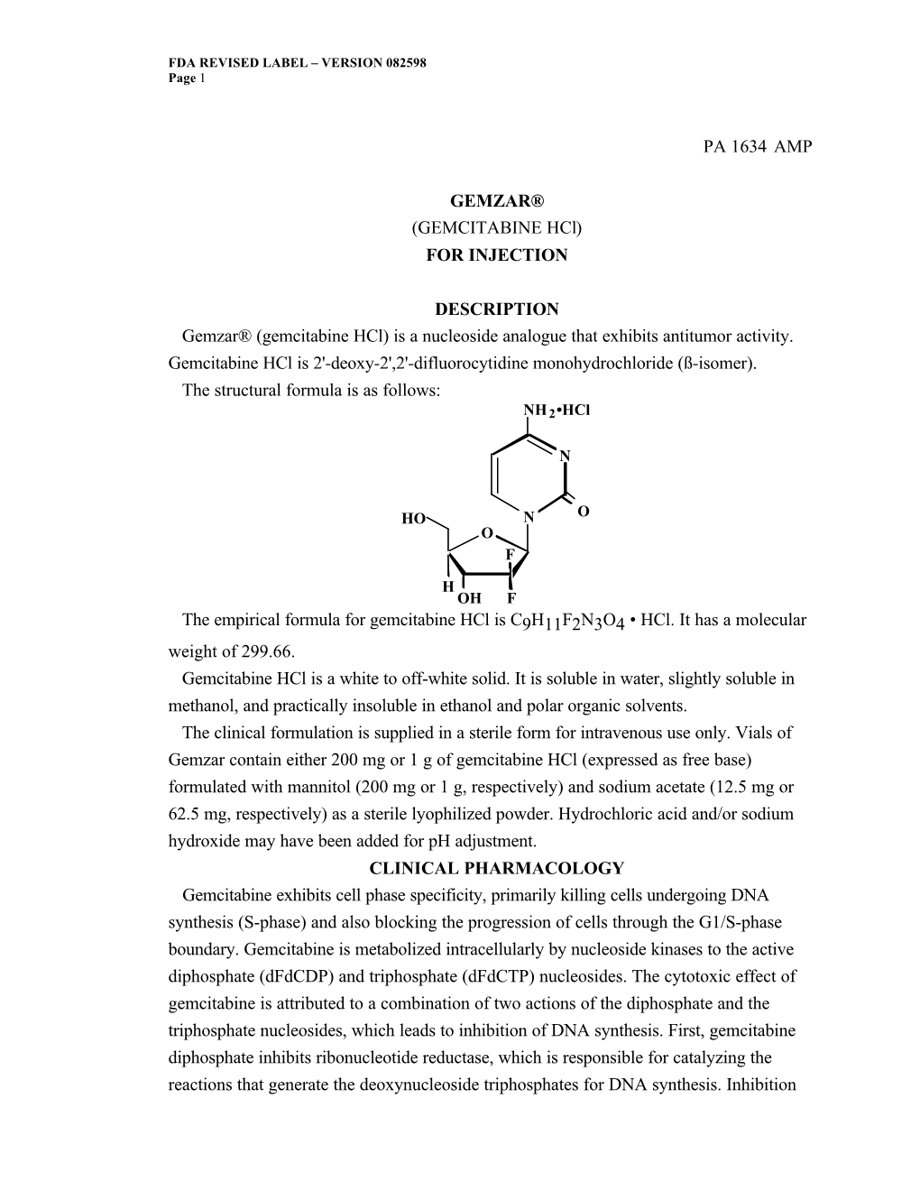 GEMCITABINE Hcl) for INJECTION