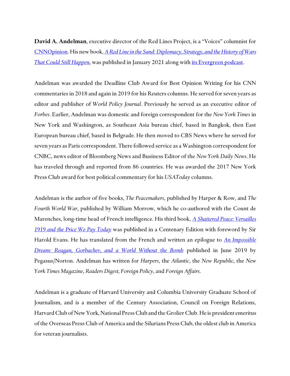 David A. Andelman, Executive Director of the Red Lines Project, Is a “Voices” Columnist for Cnnopinion