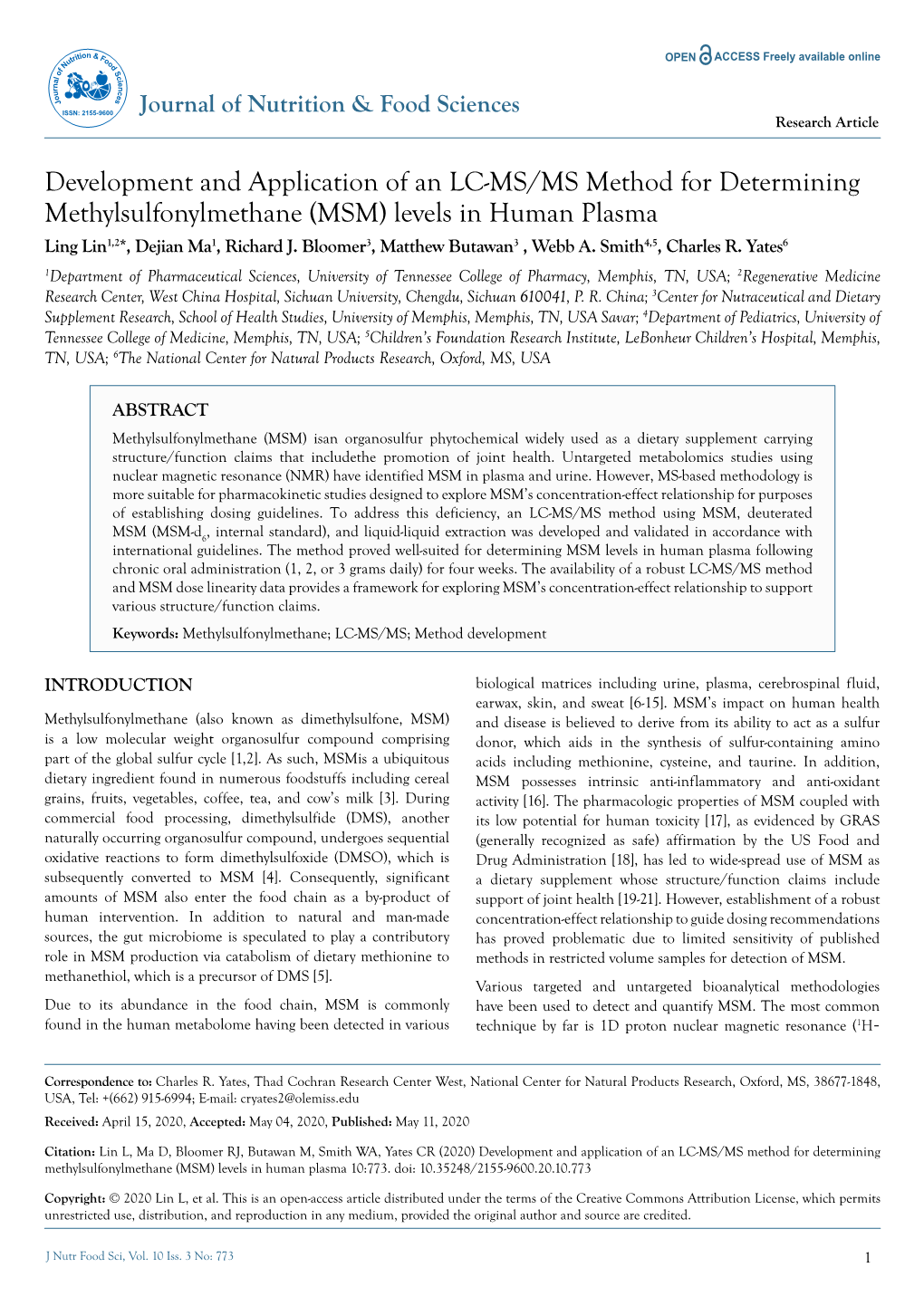 MSM) Levels in Human Plasma Ling Lin1,2*, Dejian Ma1, Richard J