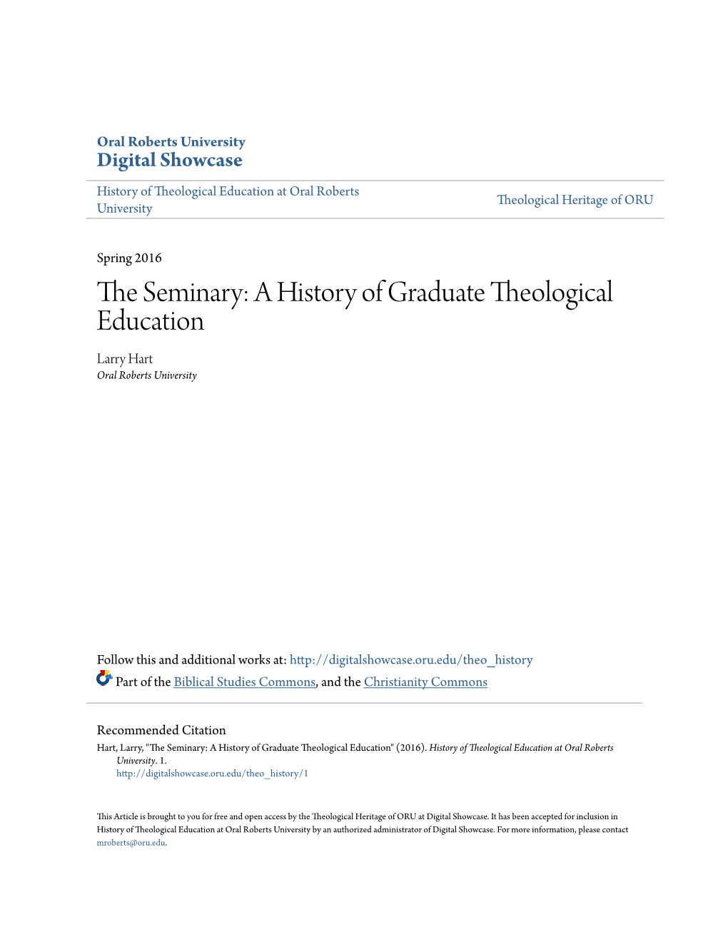 The Seminary: a History of Graduate Theological Education