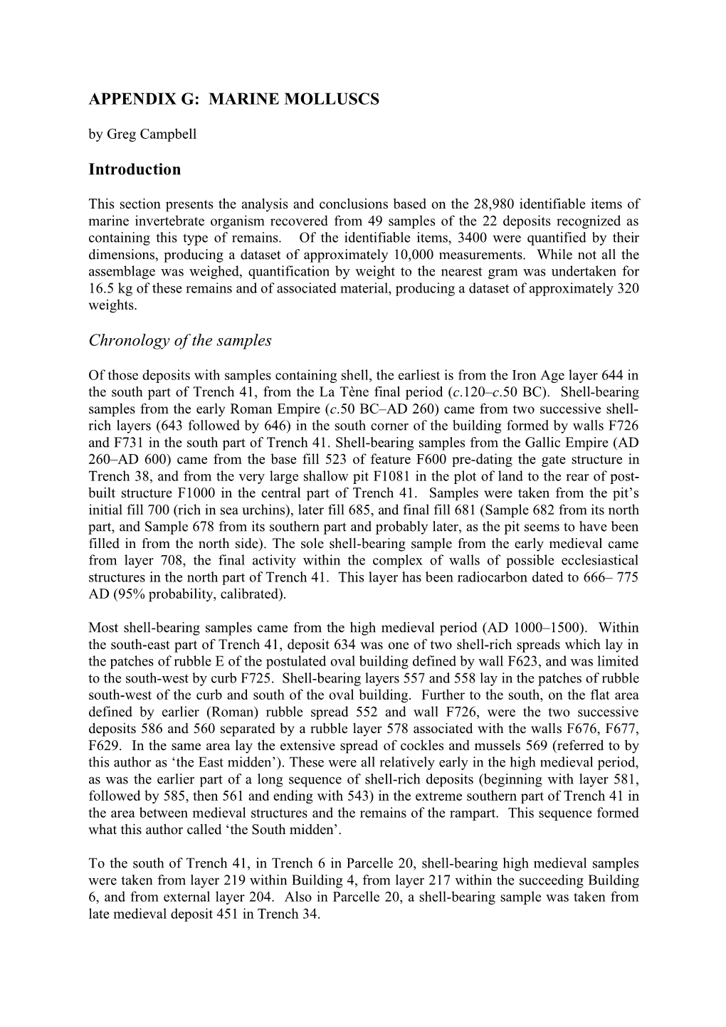 MARINE MOLLUSCS Introduction Chronology of the Samples