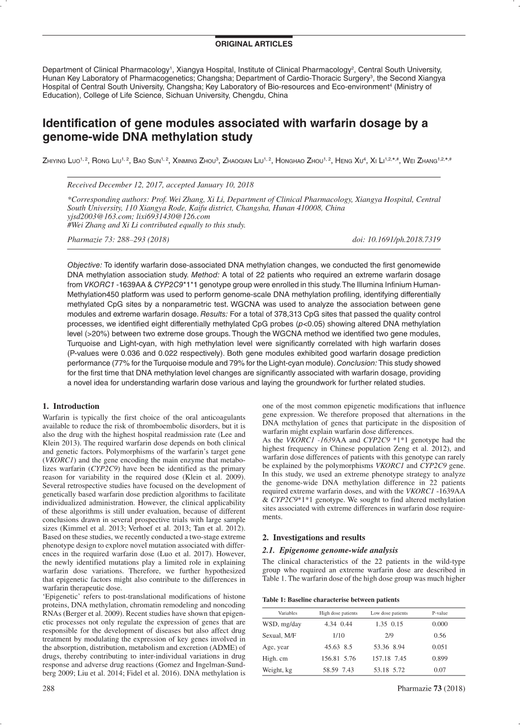 Identification of Gene Modules Associated with Warfarin Dosage by a Genome-Wide DNA Methylation Study