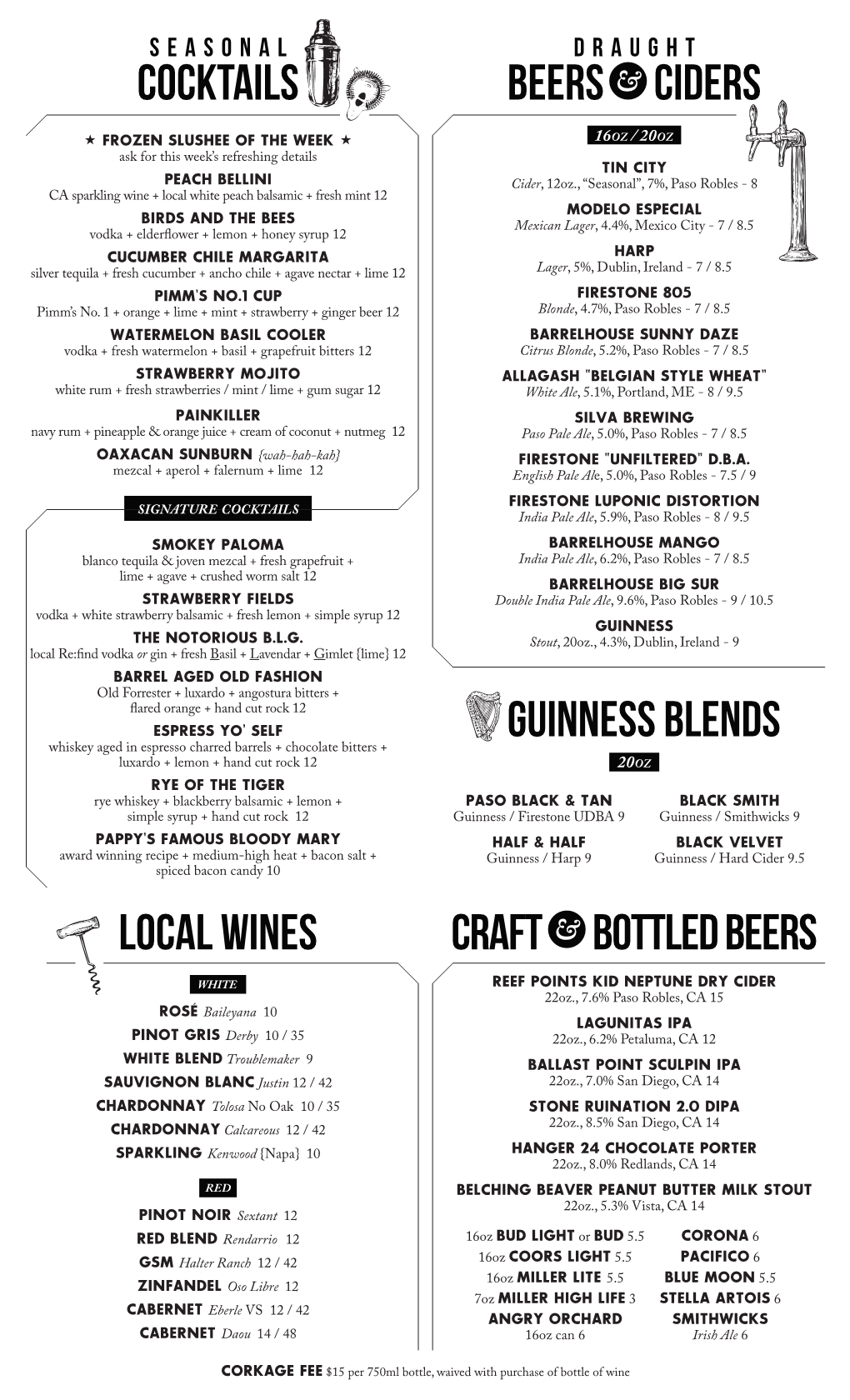 COCKTAILS Local Wines Guinness Blends Craft Bottled Beers Beers