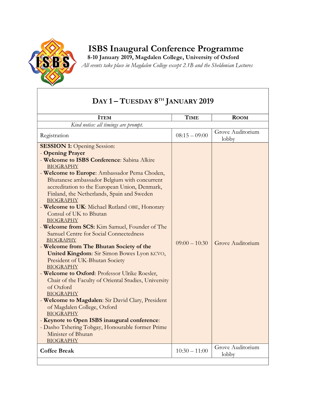 ISBS Inaugural Conference Programme