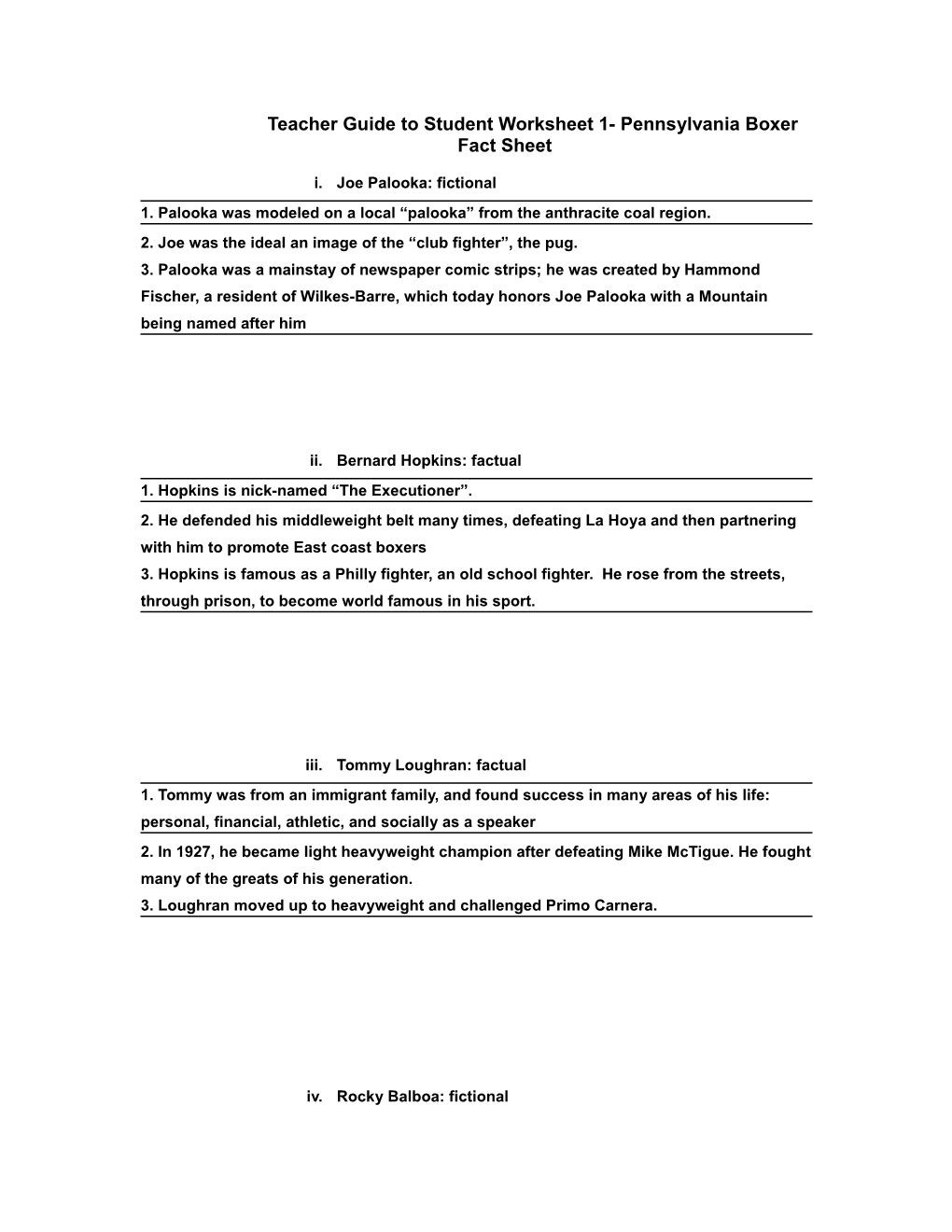 Teacher Guide to Student Worksheet 1- Pennsylvania Boxer Fact Sheet